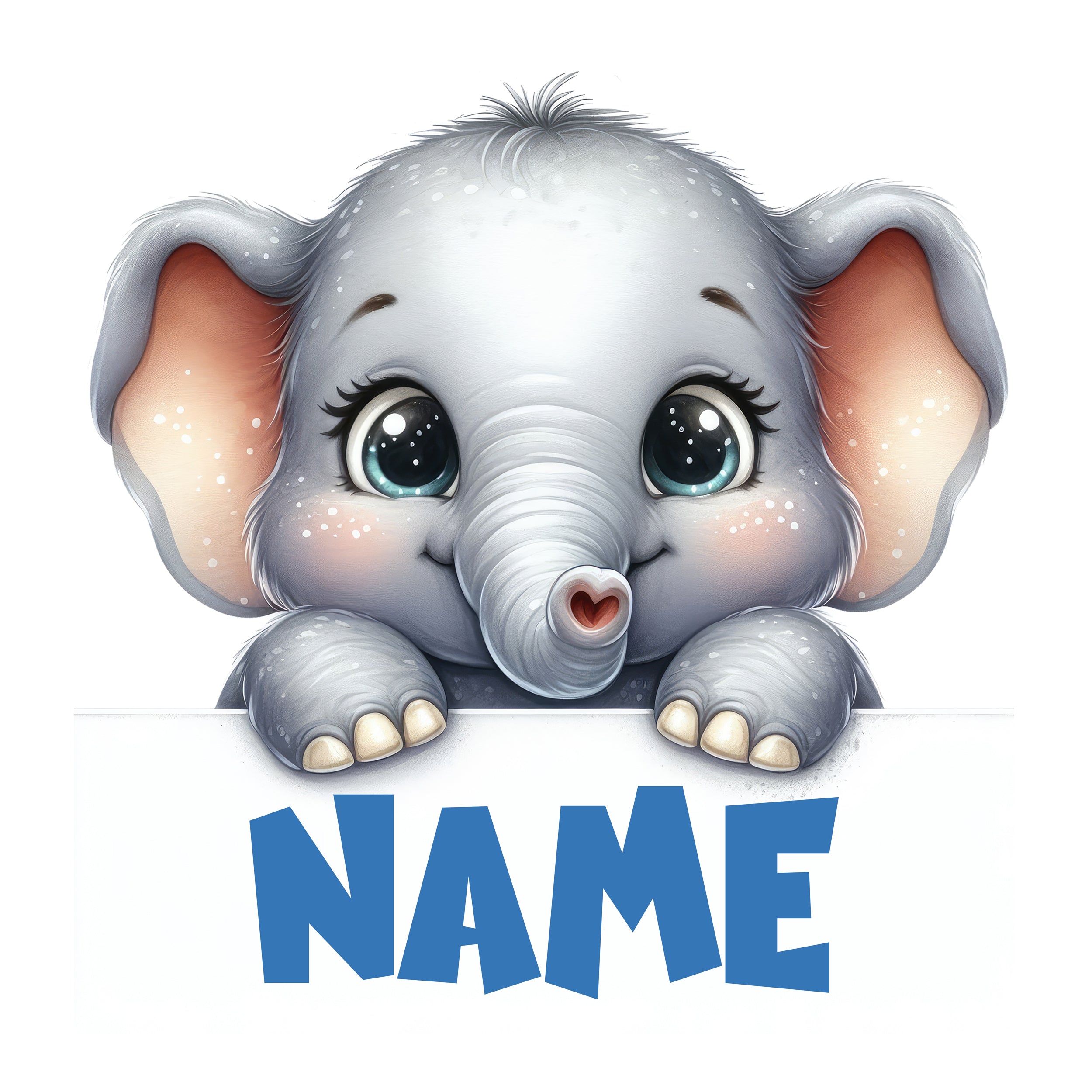 Grauer Elefant mit großen Augen und Herzchen.
