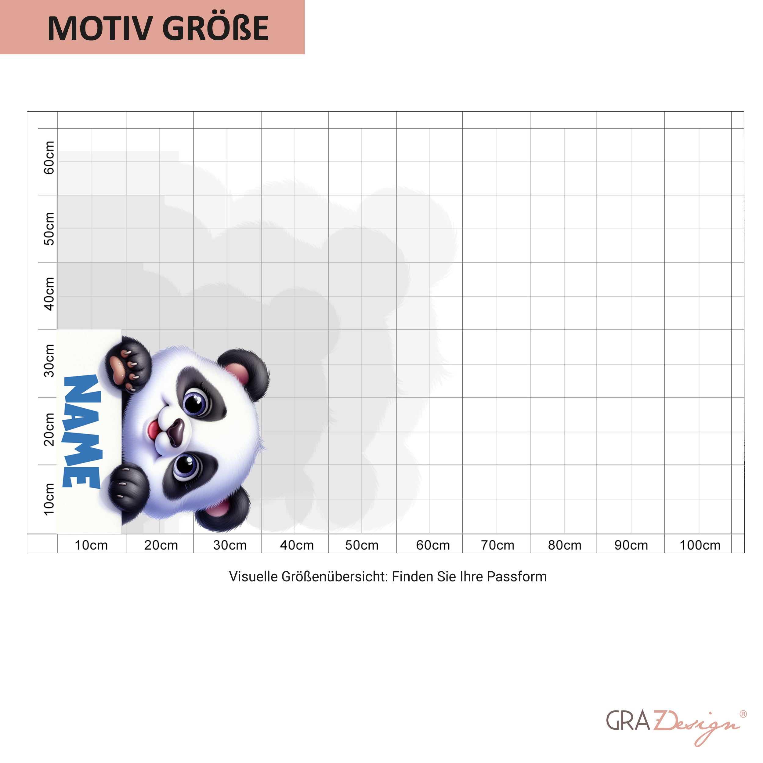 Panda-Motiv in Schwarz-Weiß mit blauem Text.
