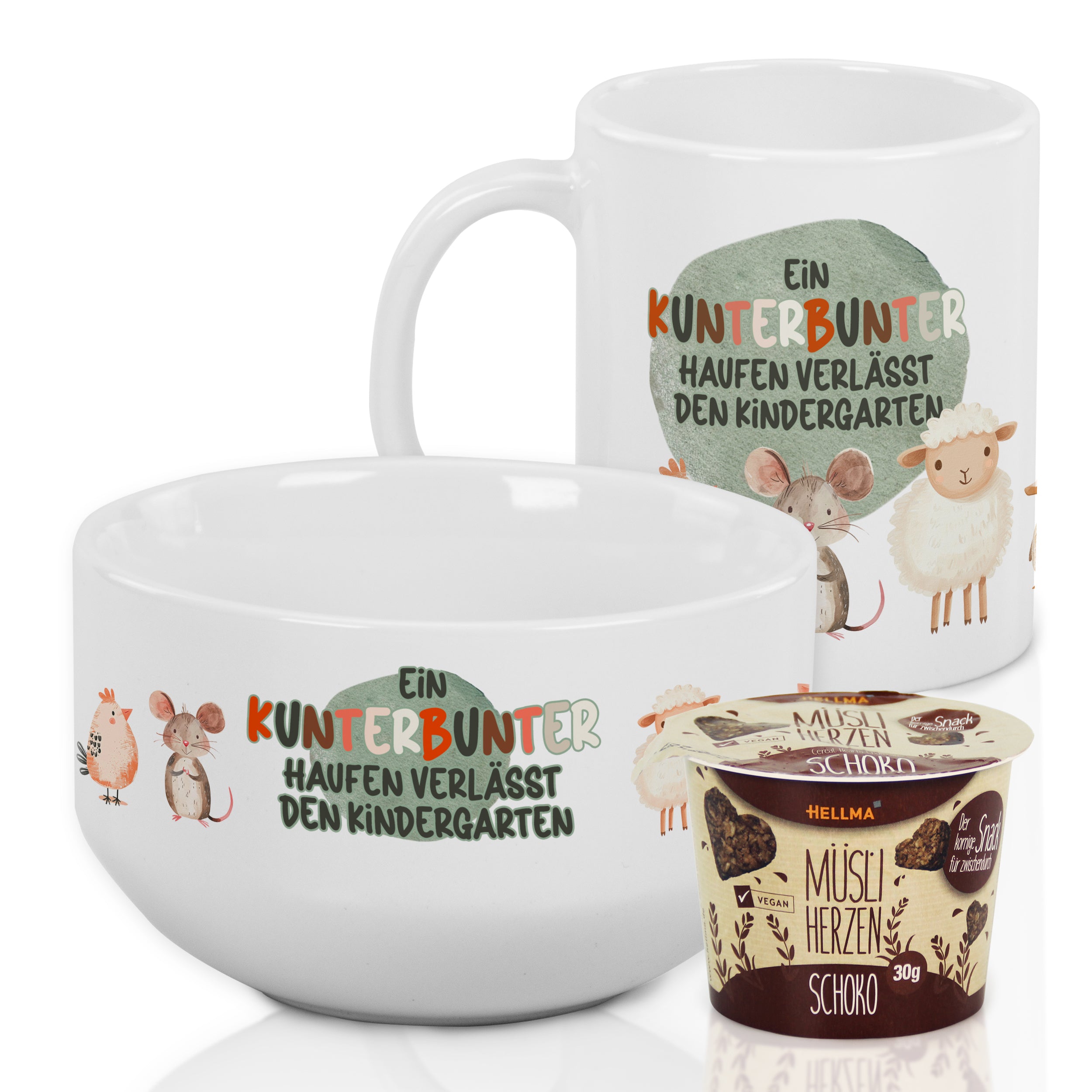 Kunterbunte Tasse und Schüssel mit Kindergartenmotiv.
