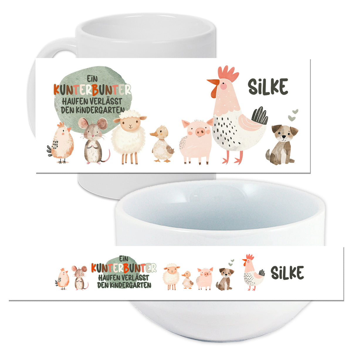 Bunte Tasse und Schüssel mit Tiermotiven und Namen Silke.