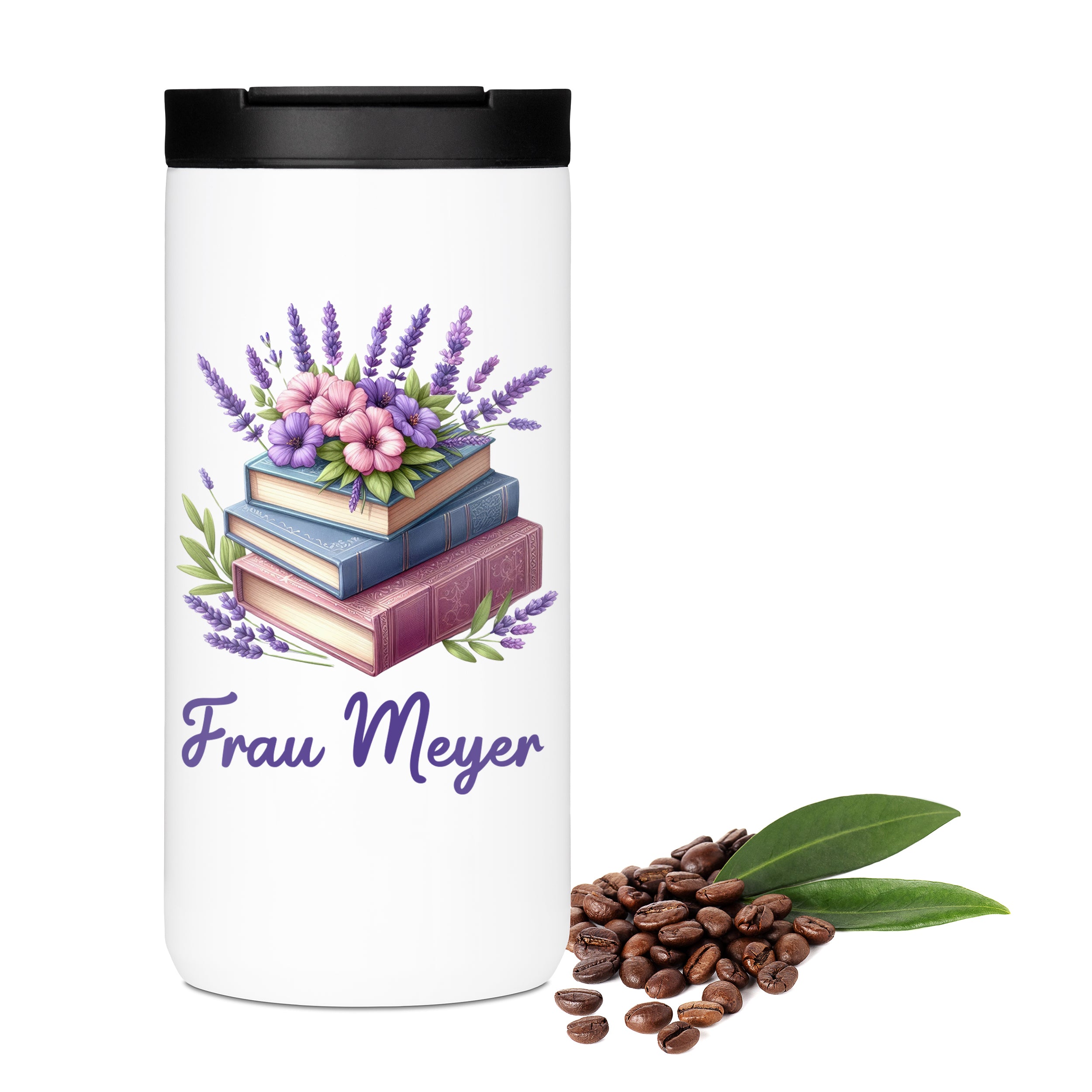 Thermo-Kaffeebecher mit Bücherstapel, Lavendel und Wunschname