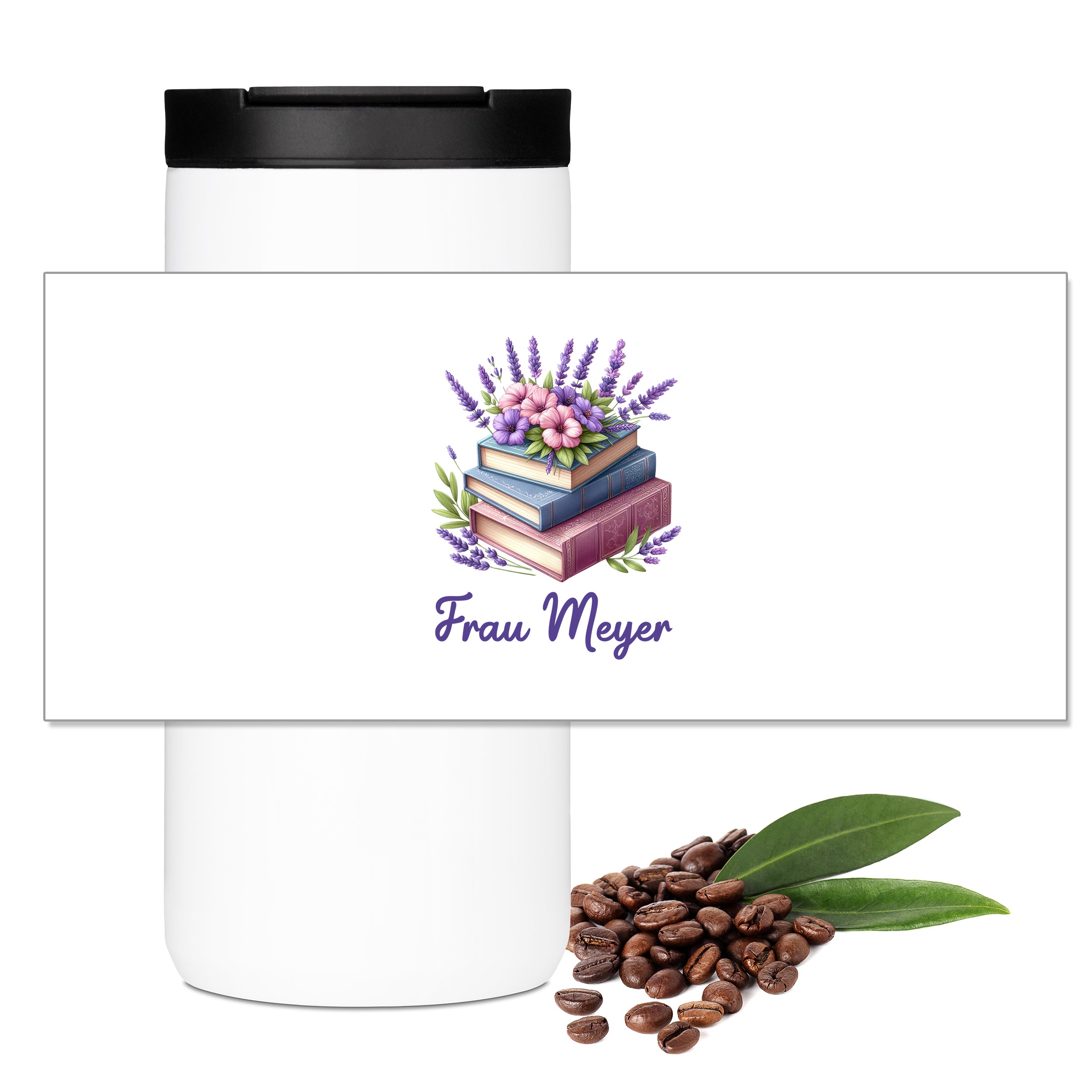 Motivübersicht zum Thermo-Kaffeebecher mit Büchern, Lavendel und Wunschname