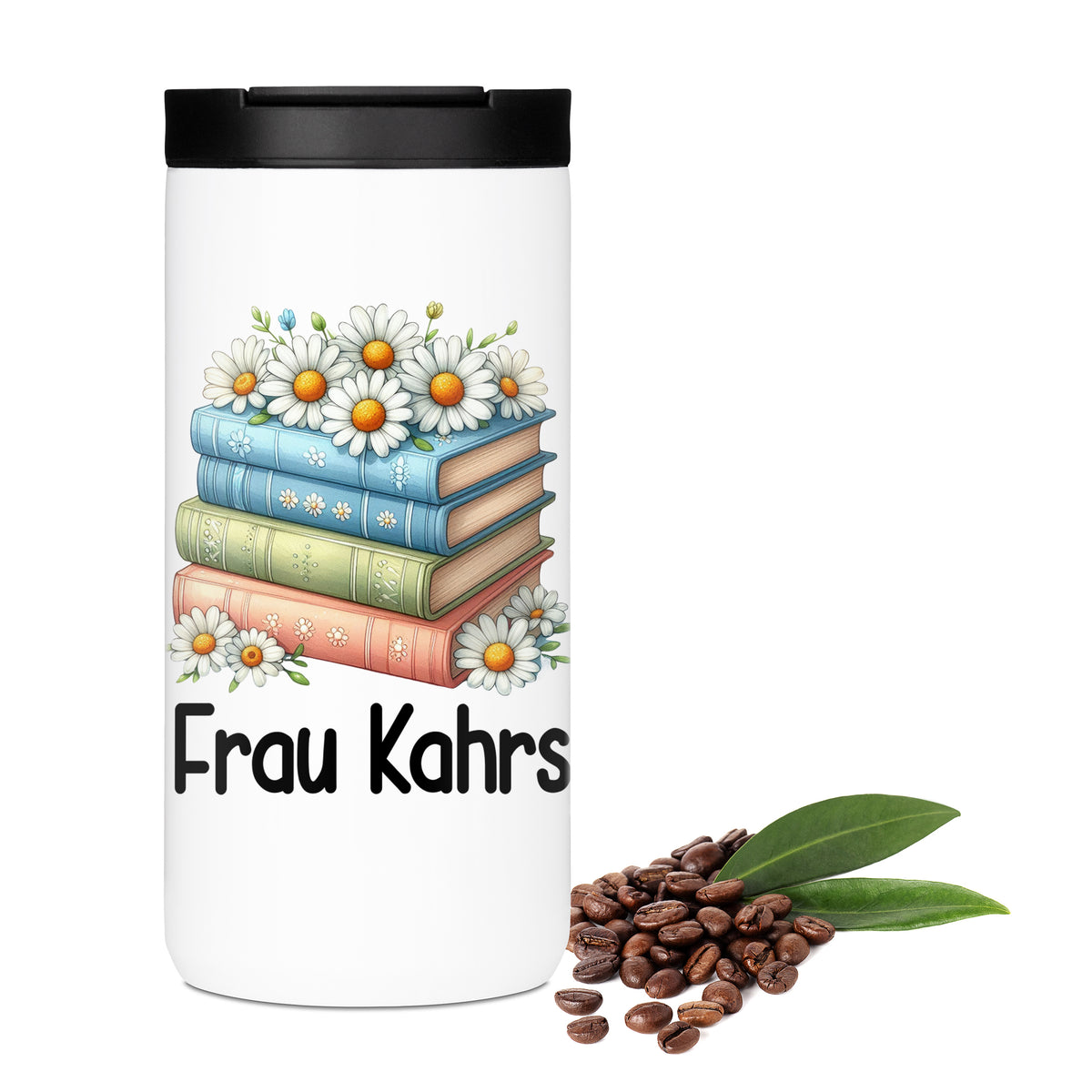 Thermo-Kaffeebecher mit Bücherstapel, Gänseblümchen und Wunschname