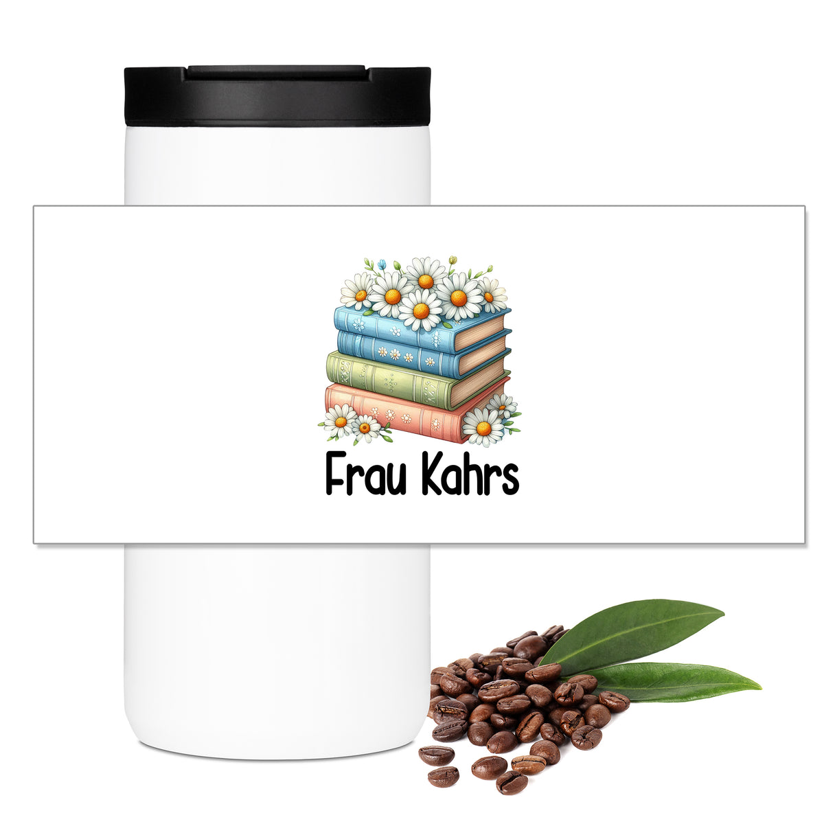 Motivübersicht zum Thermo-Kaffeebecher mit Büchern, Gänseblümchen und Wunschname