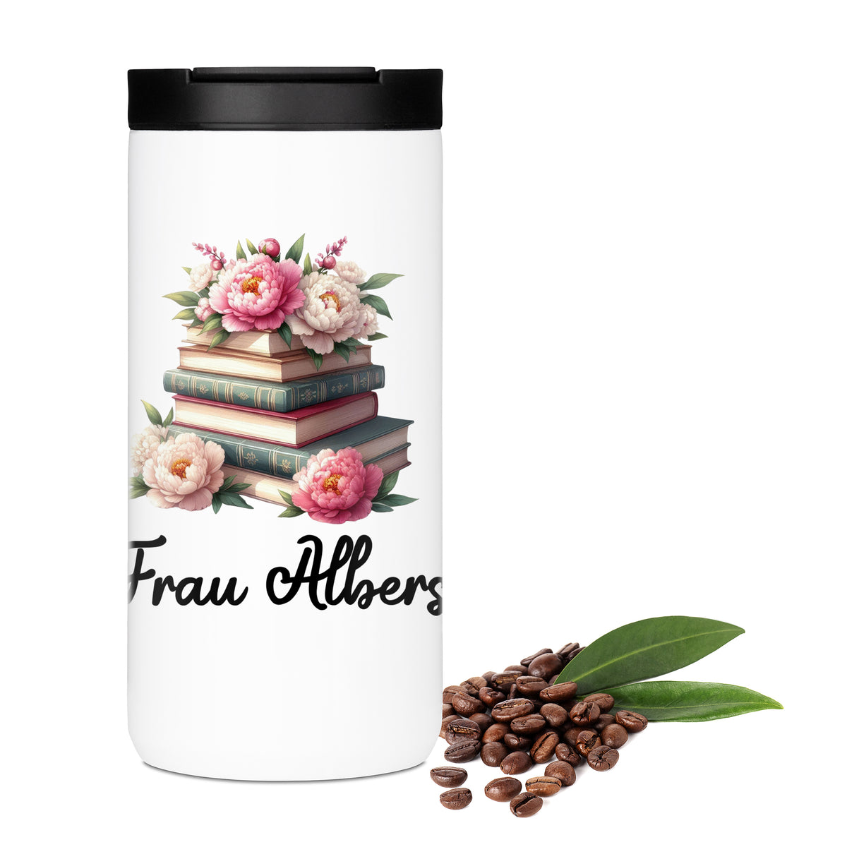 Thermo-Kaffeebecher mit Bücherstapel, Rosen und Wunschname
