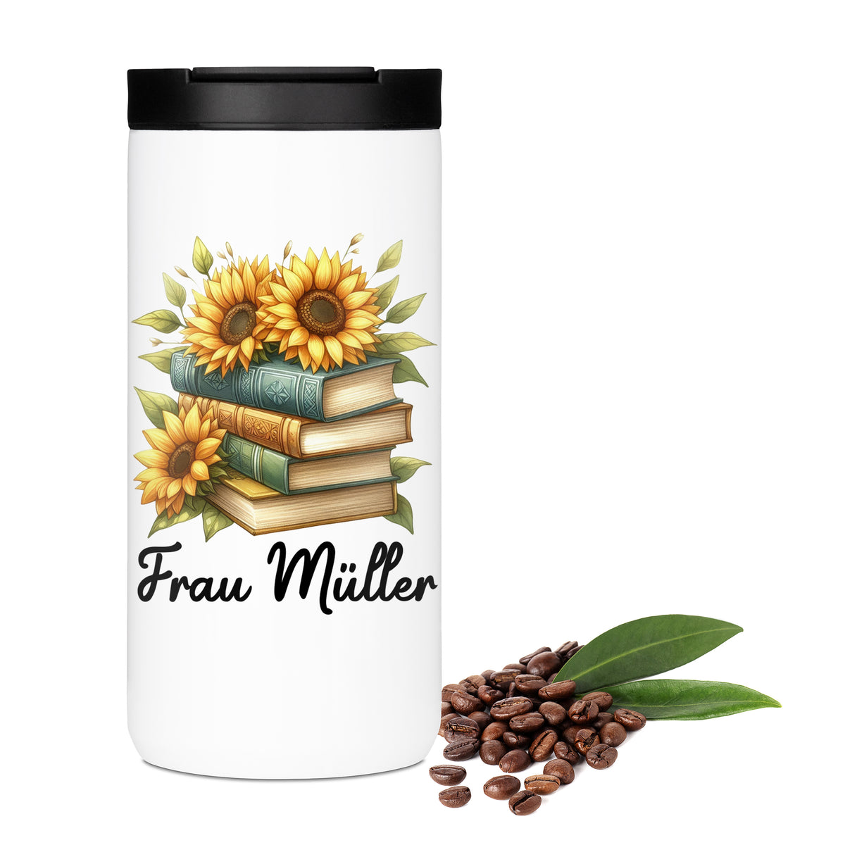 Thermo-Kaffeebecher mit Sonnenblumen, Büchern und Wunschname