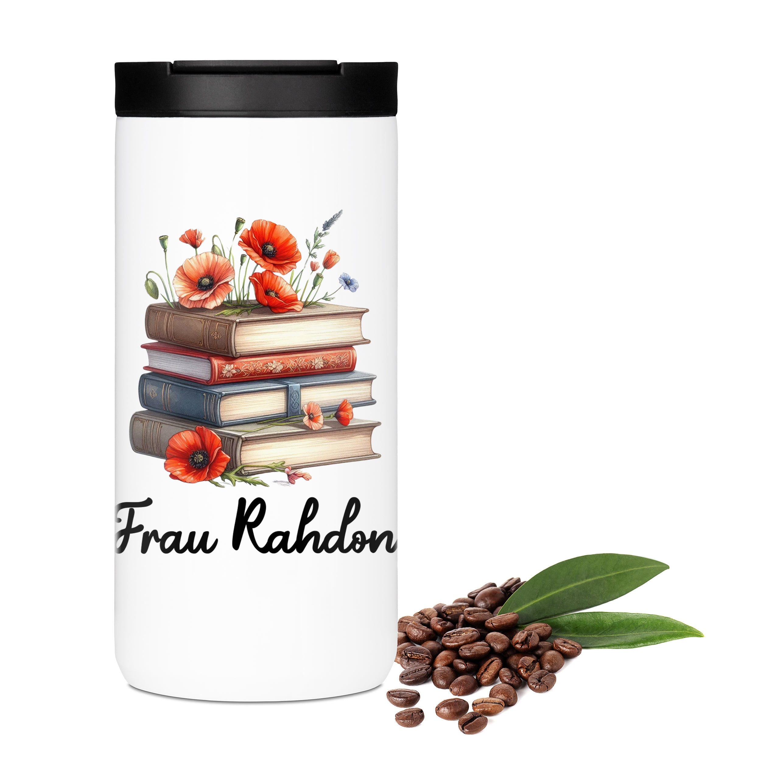 Thermo-Kaffeebecher mit Mohnblumen, Büchern und Wunschname