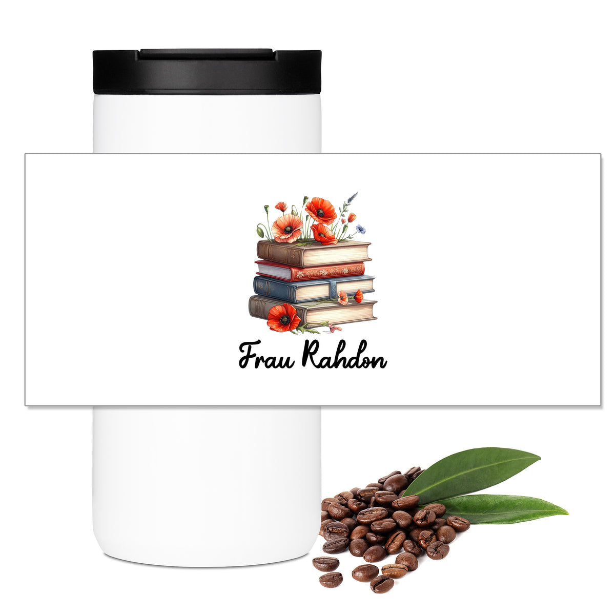 Motivübersicht zum Thermo-Kaffeebecher mit Mohnblumen und Büchern