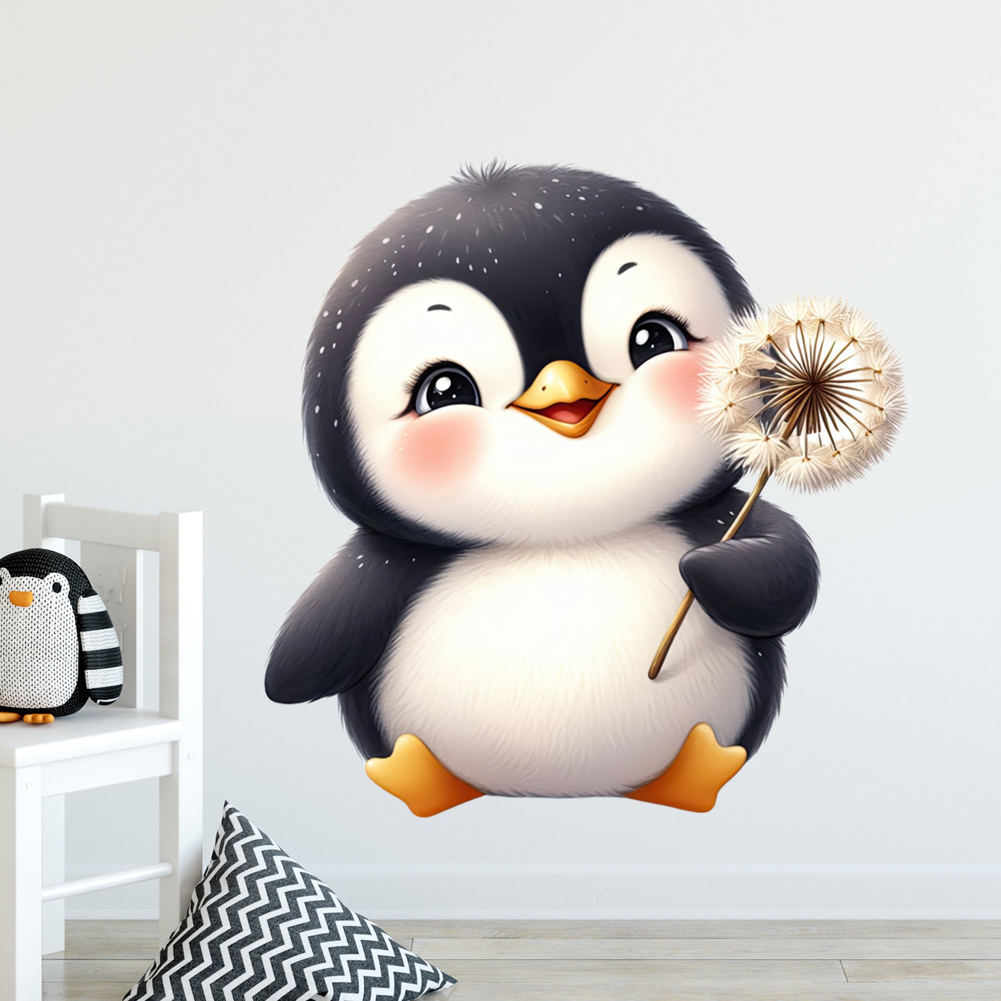 Niedlicher Pinguin mit Löwenzahn, schwarz-weiß, fröhlich.