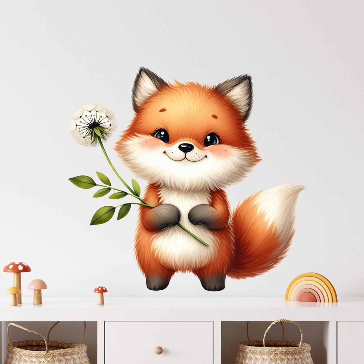 Niedlicher, orangefarbener Fuchs hält eine Blume.