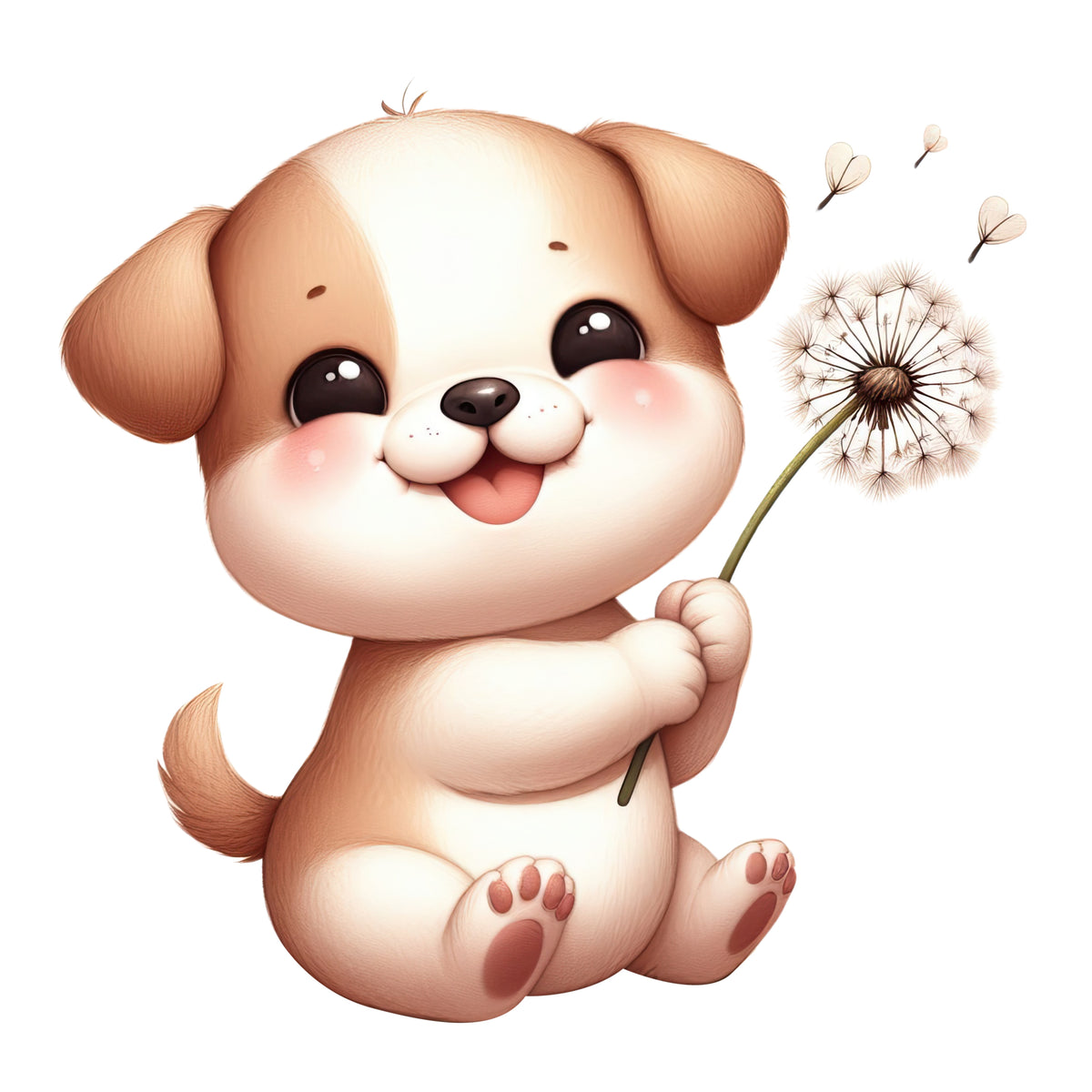 Brauner Welpe mit Pusteblume, niedlich und verspielt.