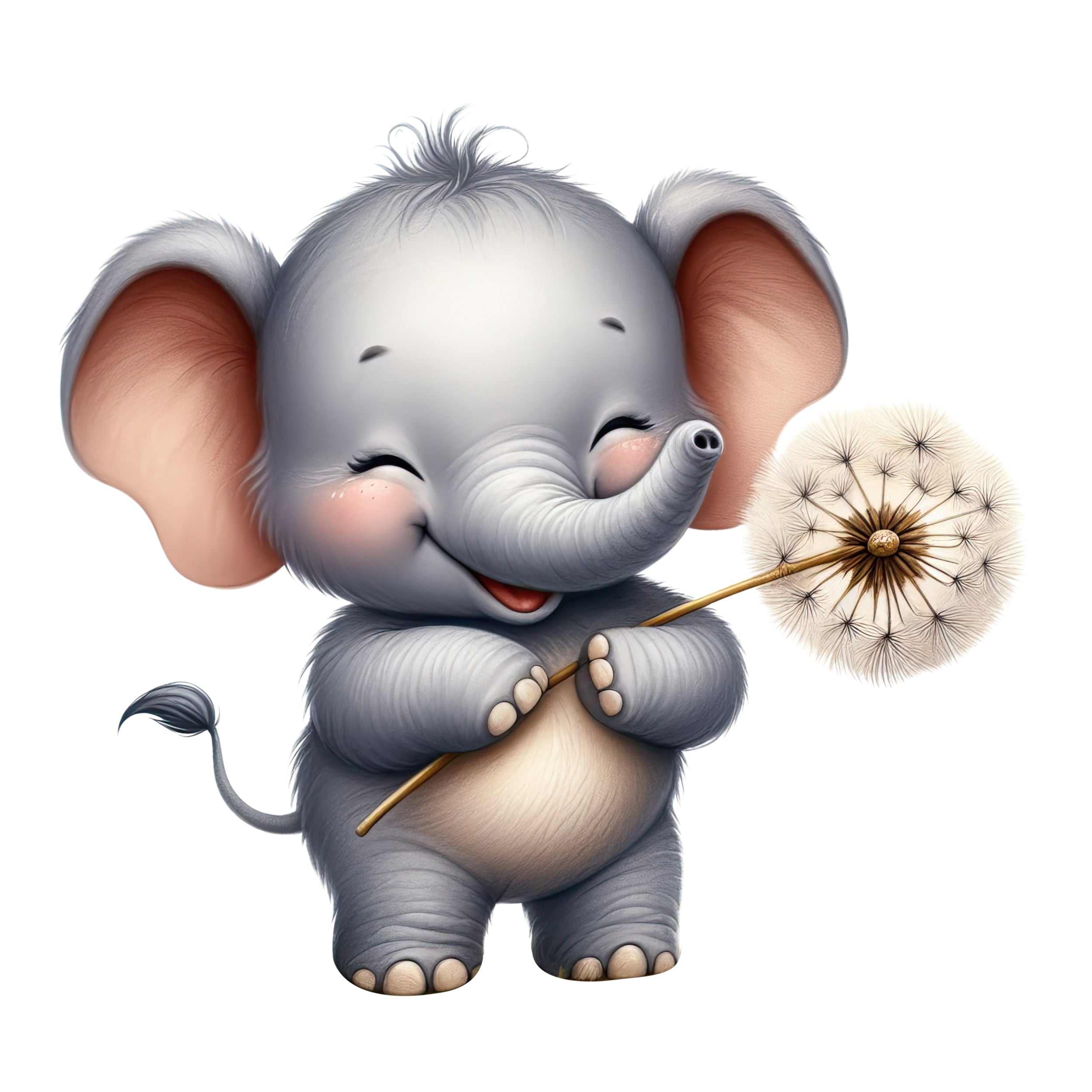 Grauer Elefant hält Pusteblume und lächelt fröhlich.