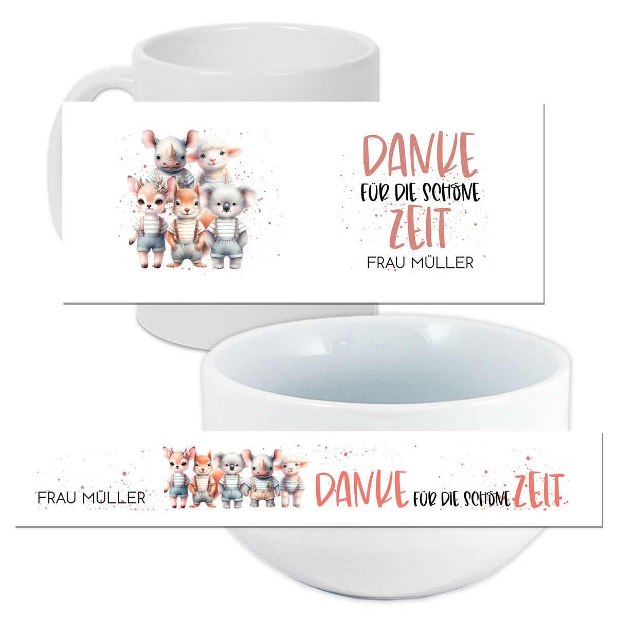 Weiße Tasse und Schüssel mit Tiermotiven und Dankestext.