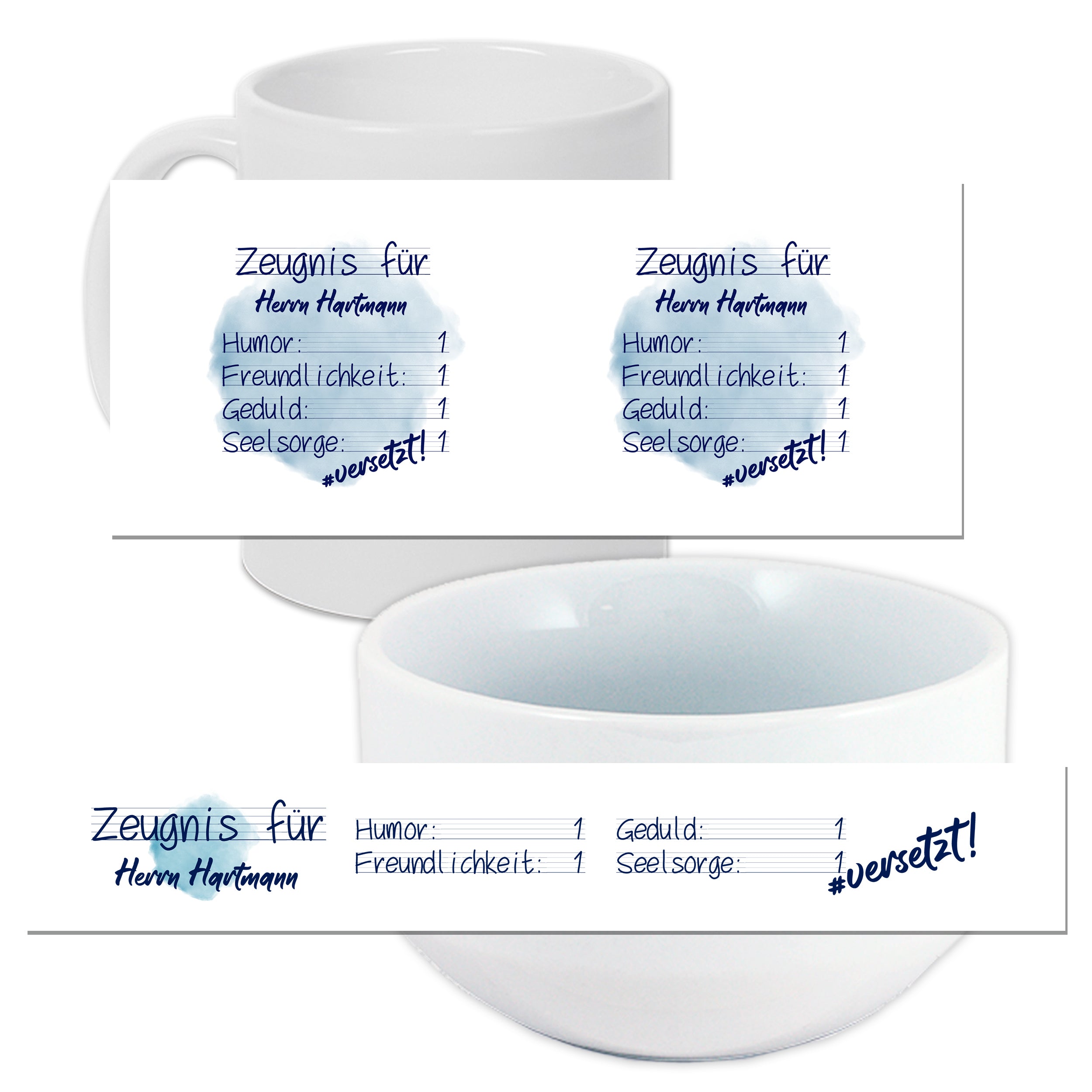 Weißer Becher und Schüssel mit Zertifikat-Design.
