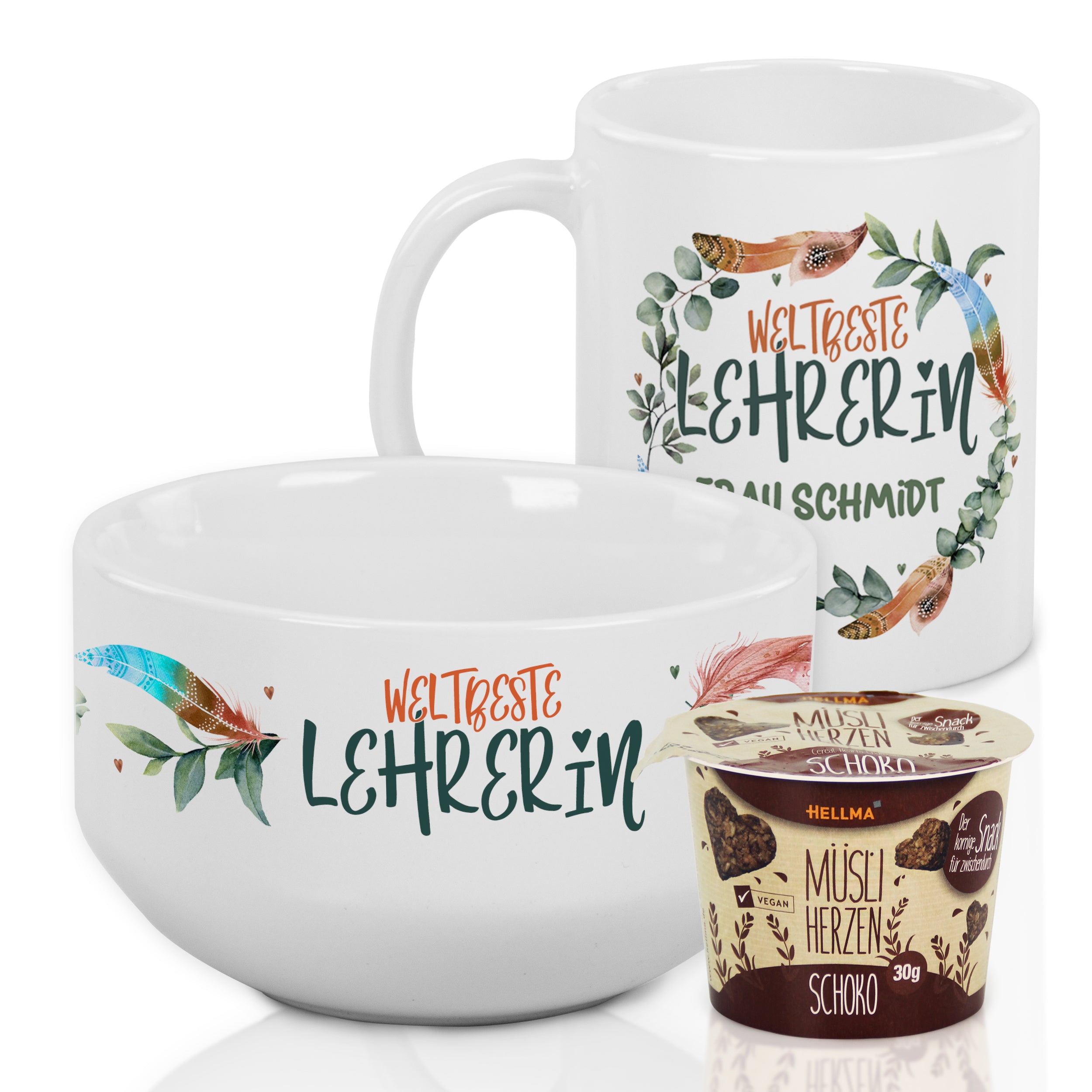 Tasse und Schüssel für die beste Lehrerin, weiß, mit buntem Druck.