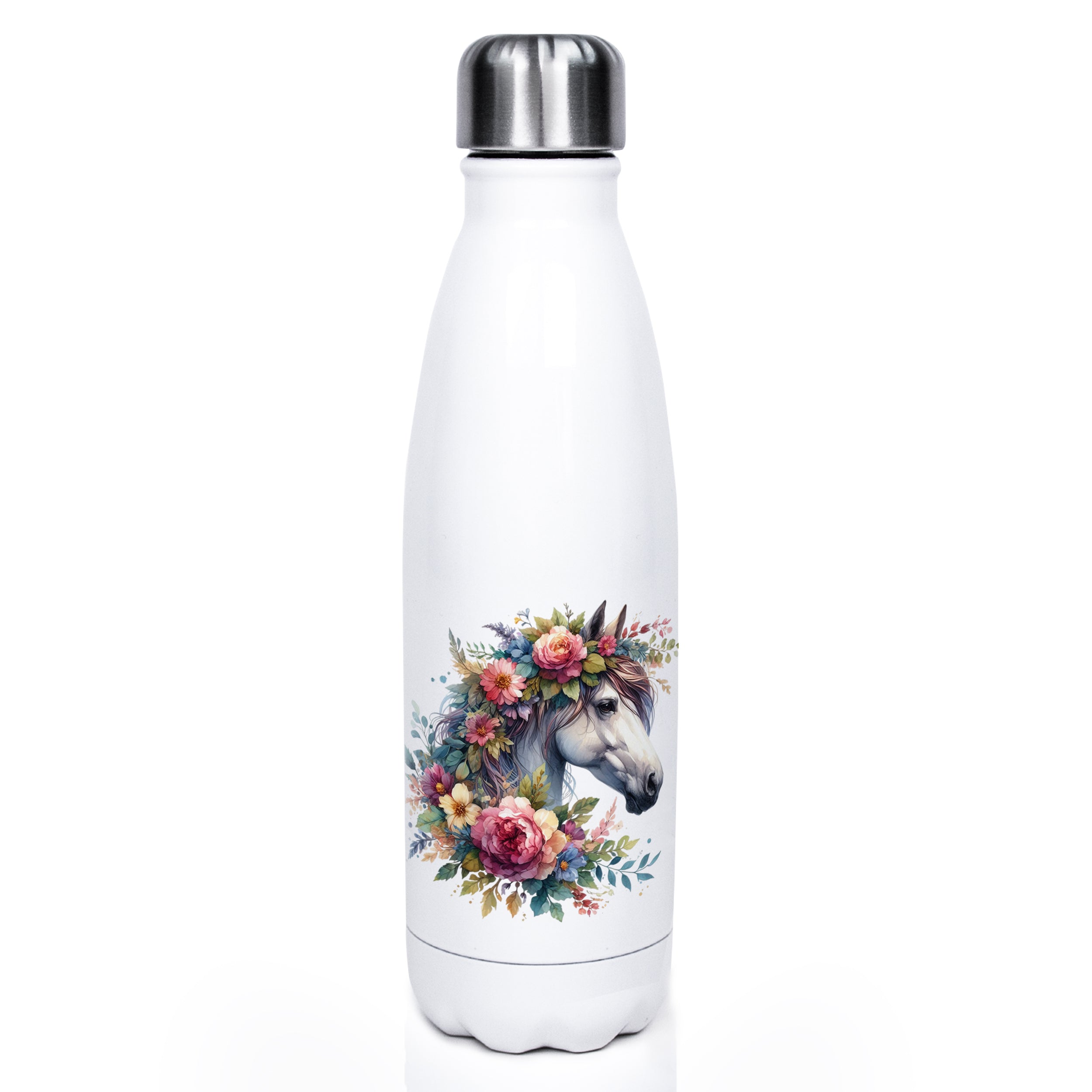 Weiße Edelstahl-Trinkflasche mit Einhorn-Design und Blumen.