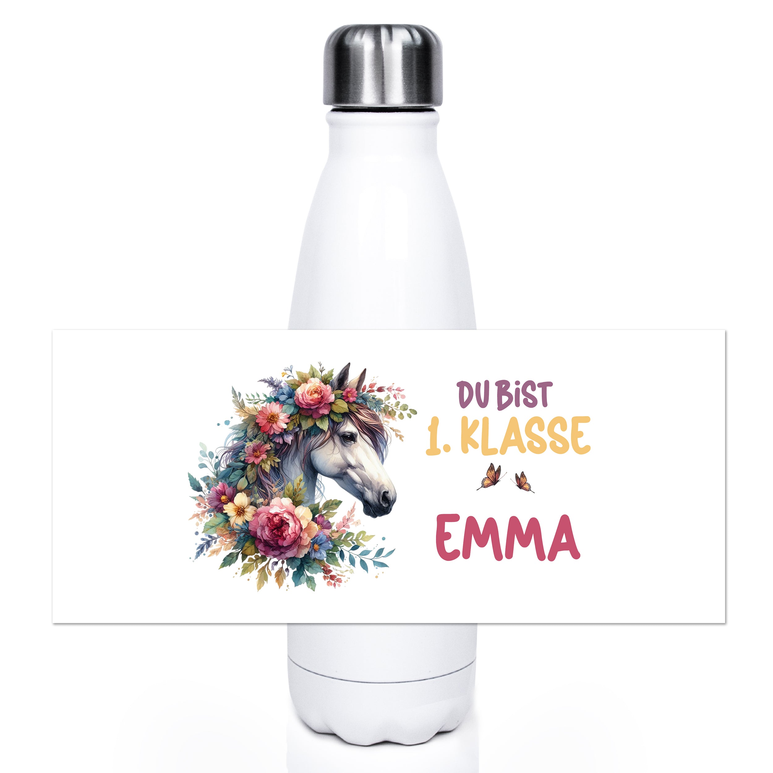 Weiße Trinkflasche mit Einhorn und bunten Blumen.