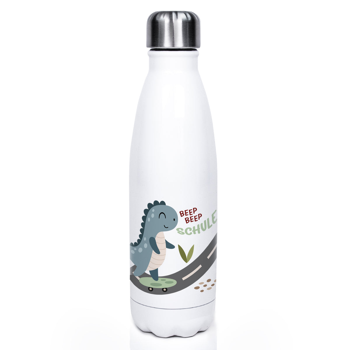 Weiße Trinkflasche mit Dinosaurier-Motiv und Aufschrift "Beep Beep Schule".