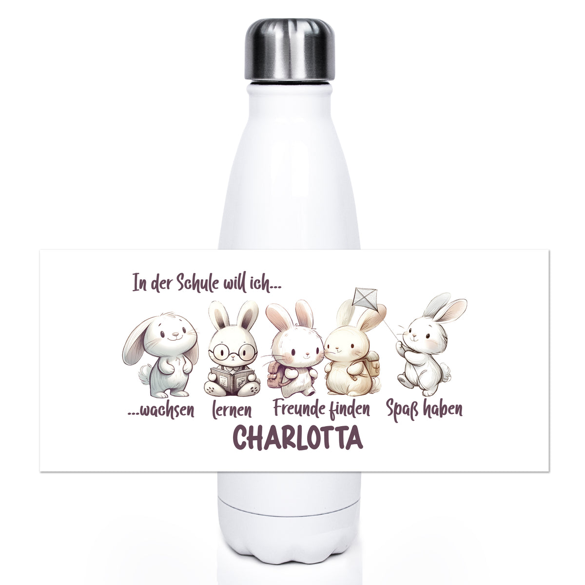 Weiße Trinkflasche mit niedlichen Hasenmotiven und Text.