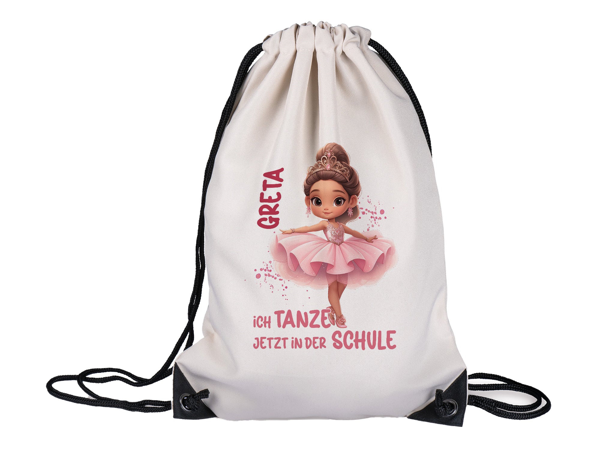 Weißer Turnbeutel mit Ballettmädchen und Text.