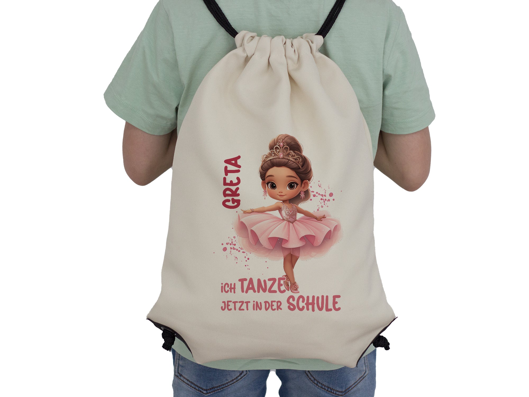 Beige Turnbeutel mit tanzender Ballerina und Namen Greta.
