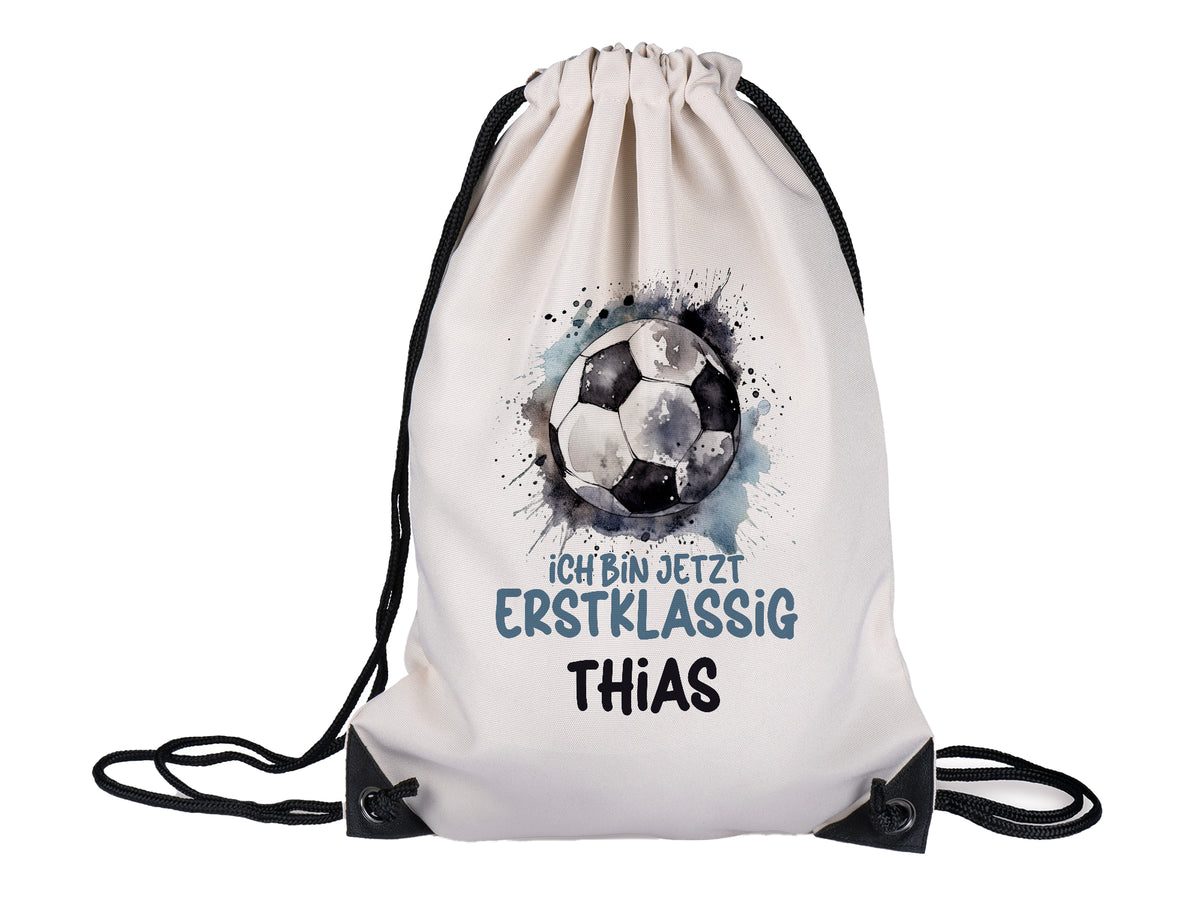 Weißer Turnbeutel mit Fußball-Motiv und blauem Text.