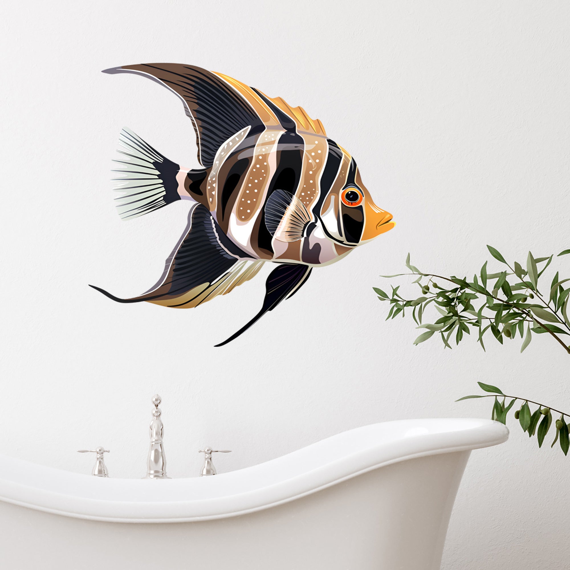 Wandtattoo mit schwarz-gelb gestreiftem Fisch im Badezimmer