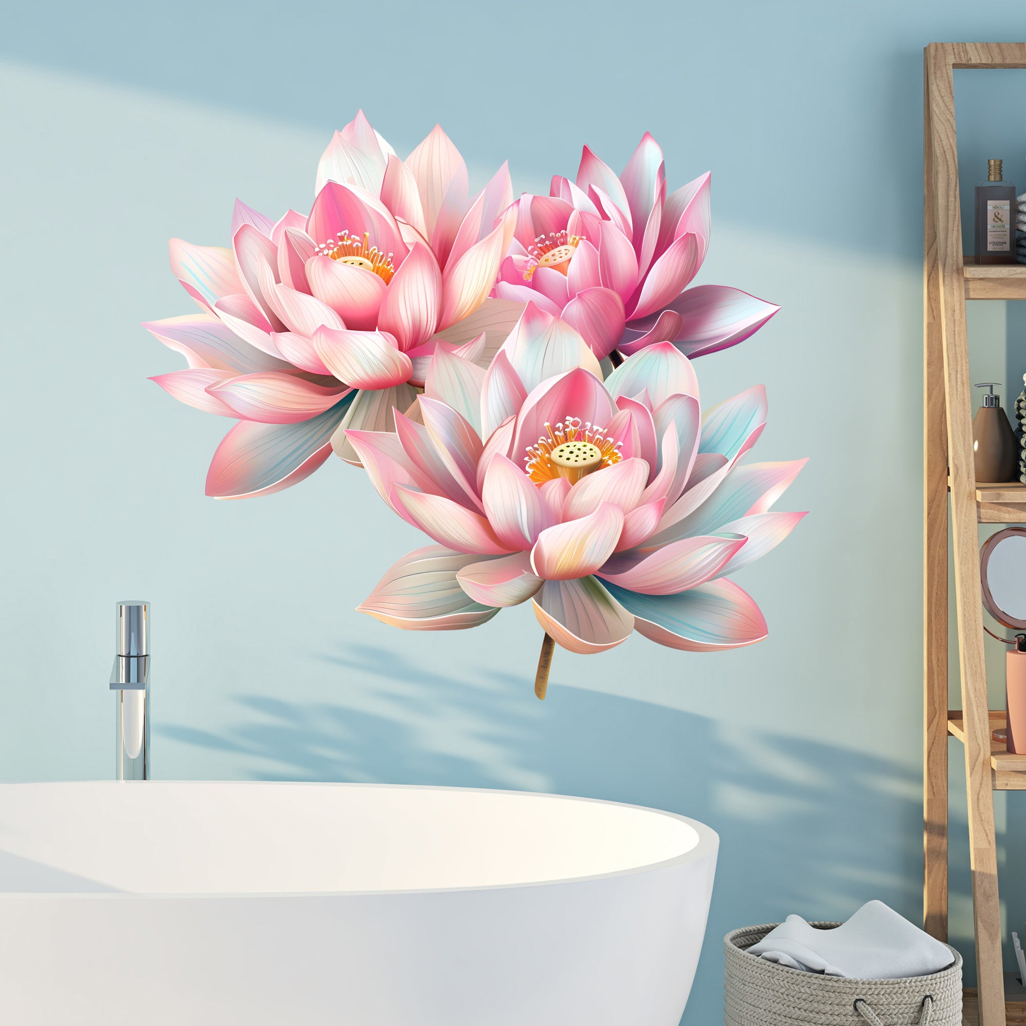 Wandtattoo mit rosa Lotusblüten im Badezimmer