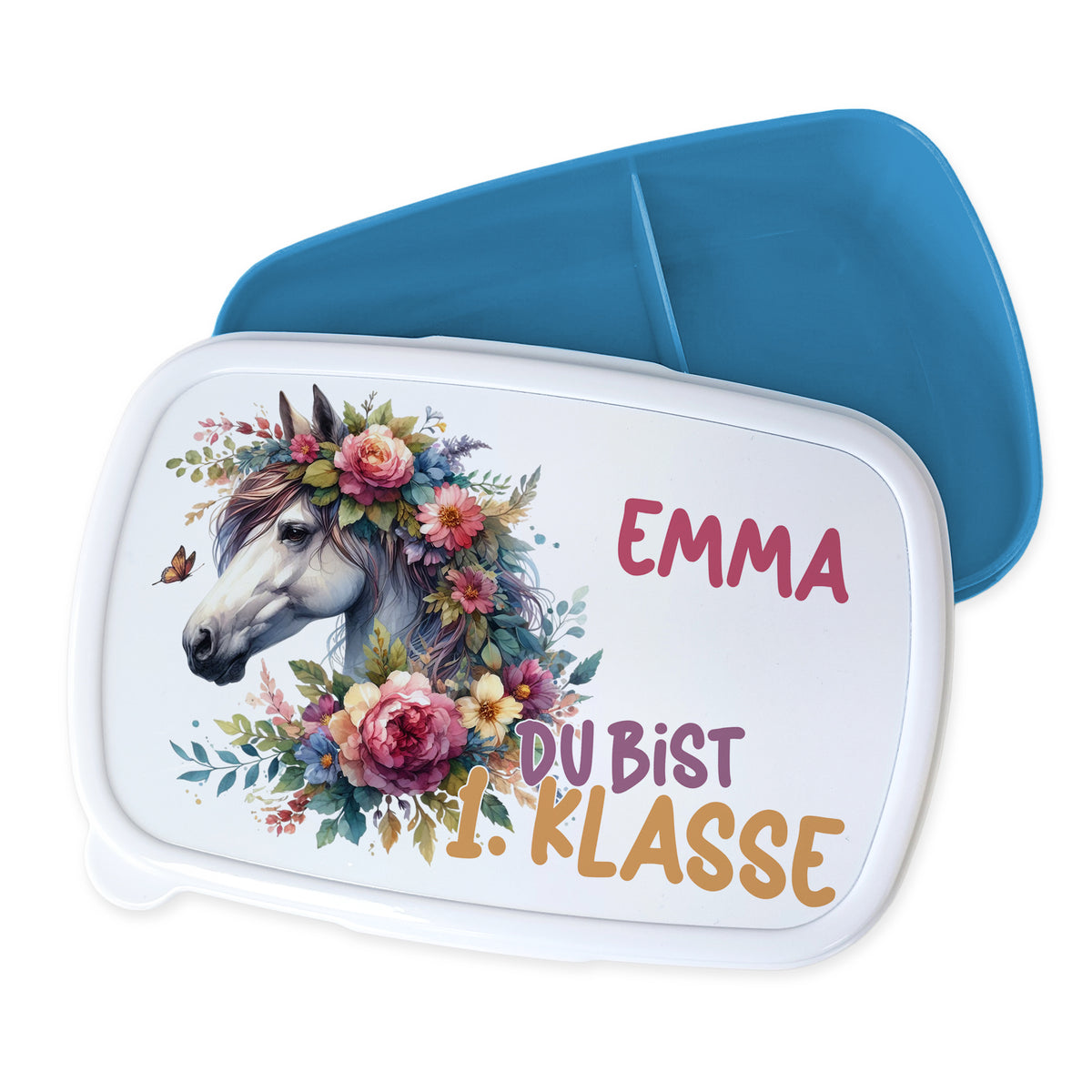 Lunchbox mit Einhorn-Motiv, blauer Innenfarbe, personalisiert für Emma.