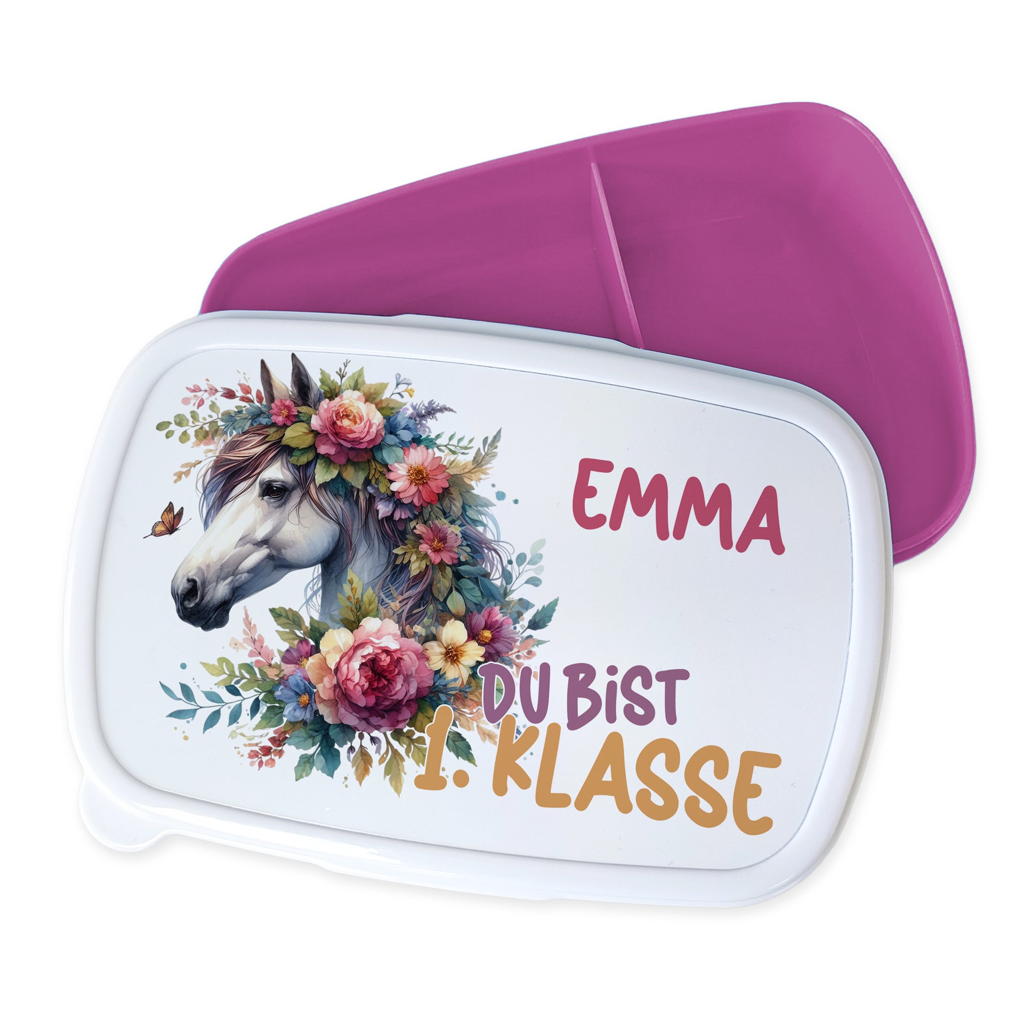 Bento-Box mit Einhorn-Motiv, weiß und lila, personalisiert.