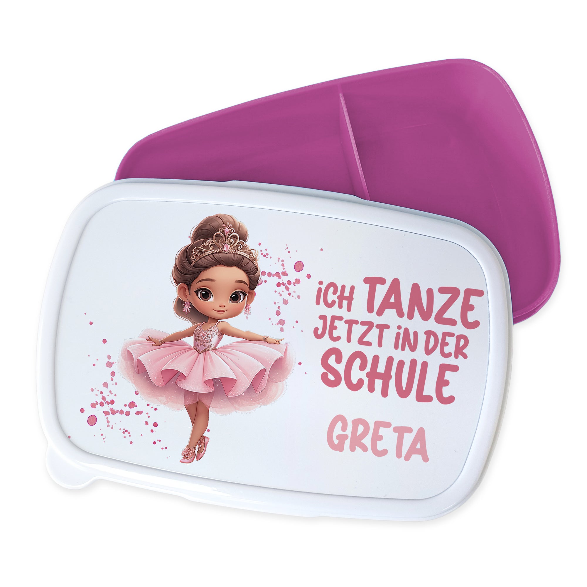 Lunchbox mit Ballettmotiv, rosa und weiß, Name Greta.