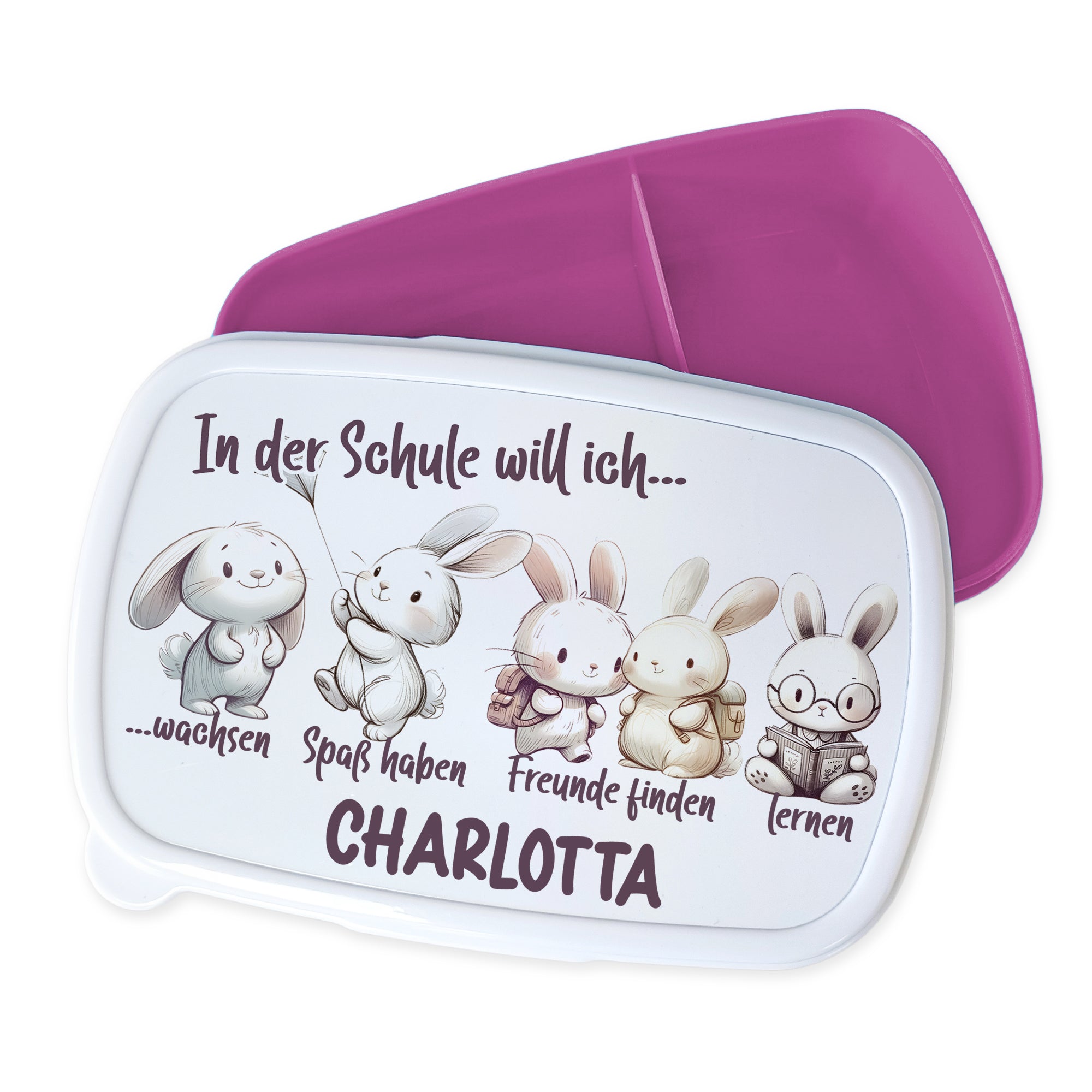 Bento-Box in Weiß und Lila mit Hasen-Motiven.
