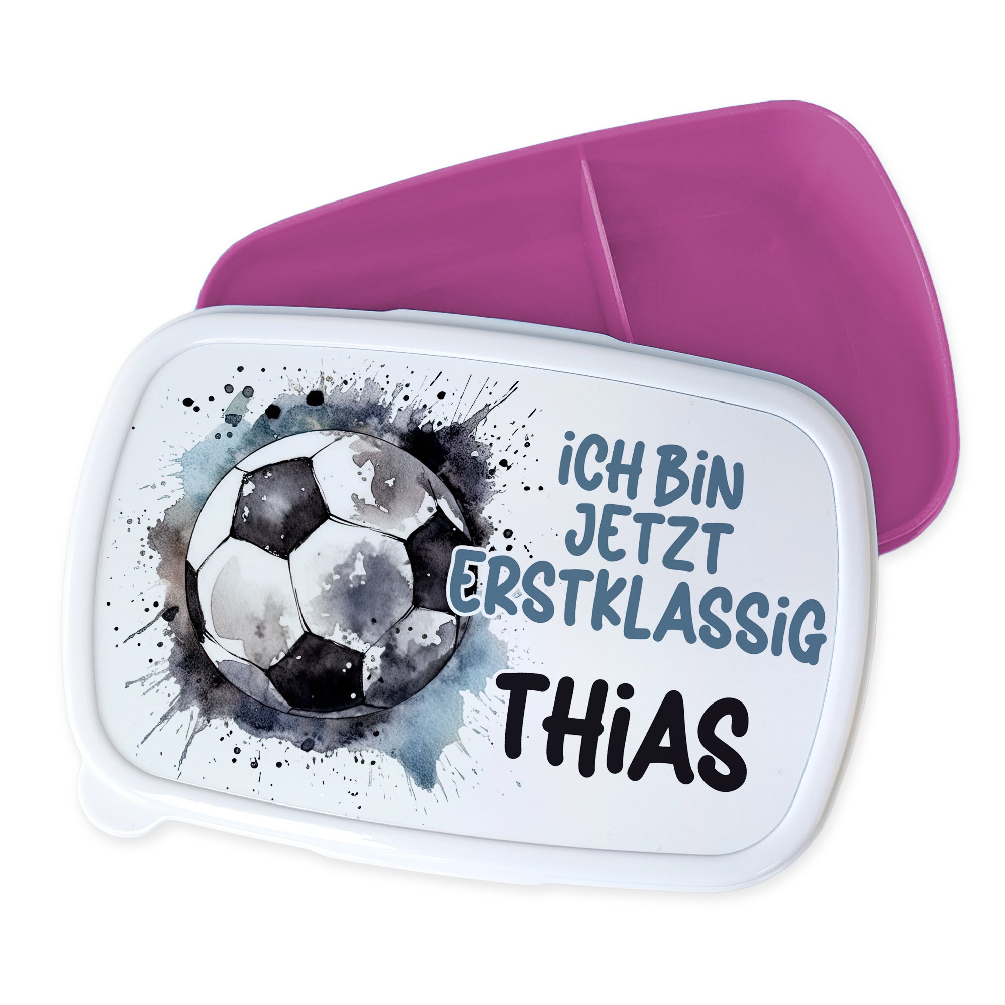 Bento-Box mit Fußball-Motiv und lila Deckel, personalisiert.