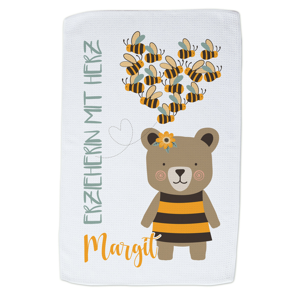 Bärenmotiv mit Bienen, gelb-schwarz, Schriftzug „Erzieherin mit Herz“.