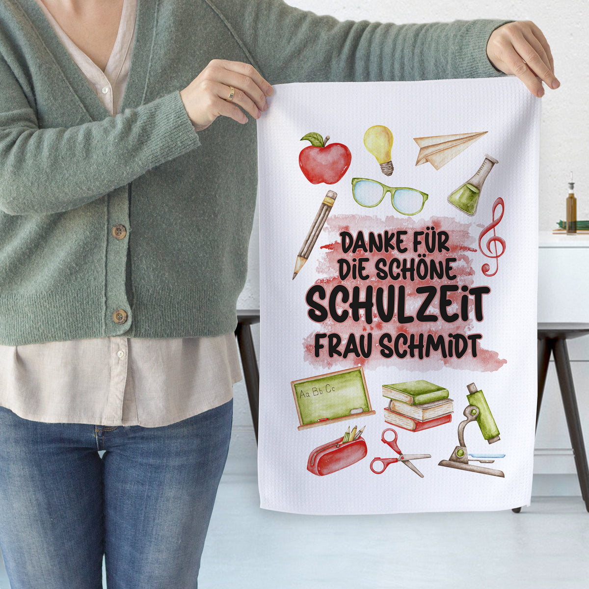 Dankeschön-Plakat für Frau Schmidt, bunte Schulutensilien.