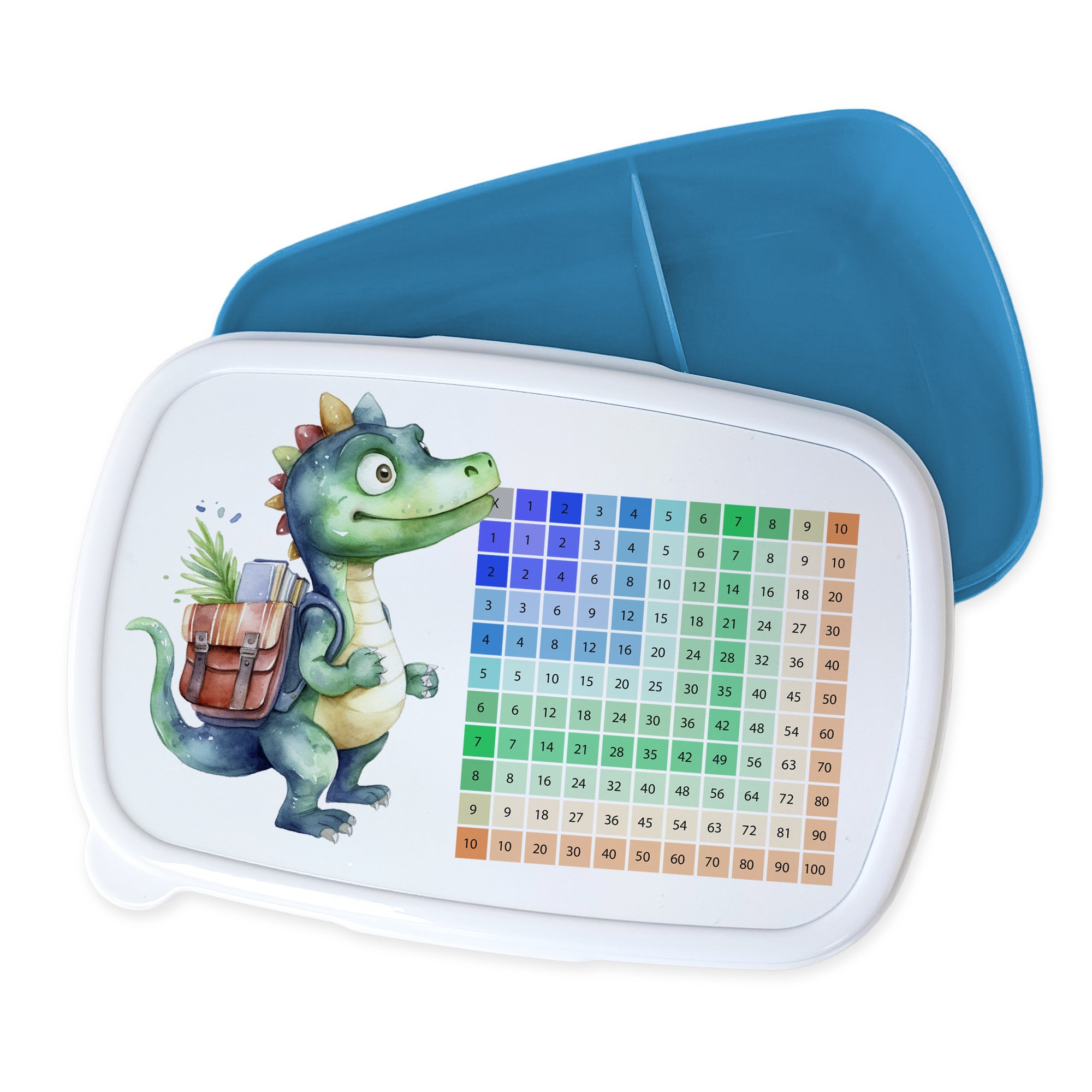Lunchbox mit Dinosaurier-Motiv und blauer Innenseite.