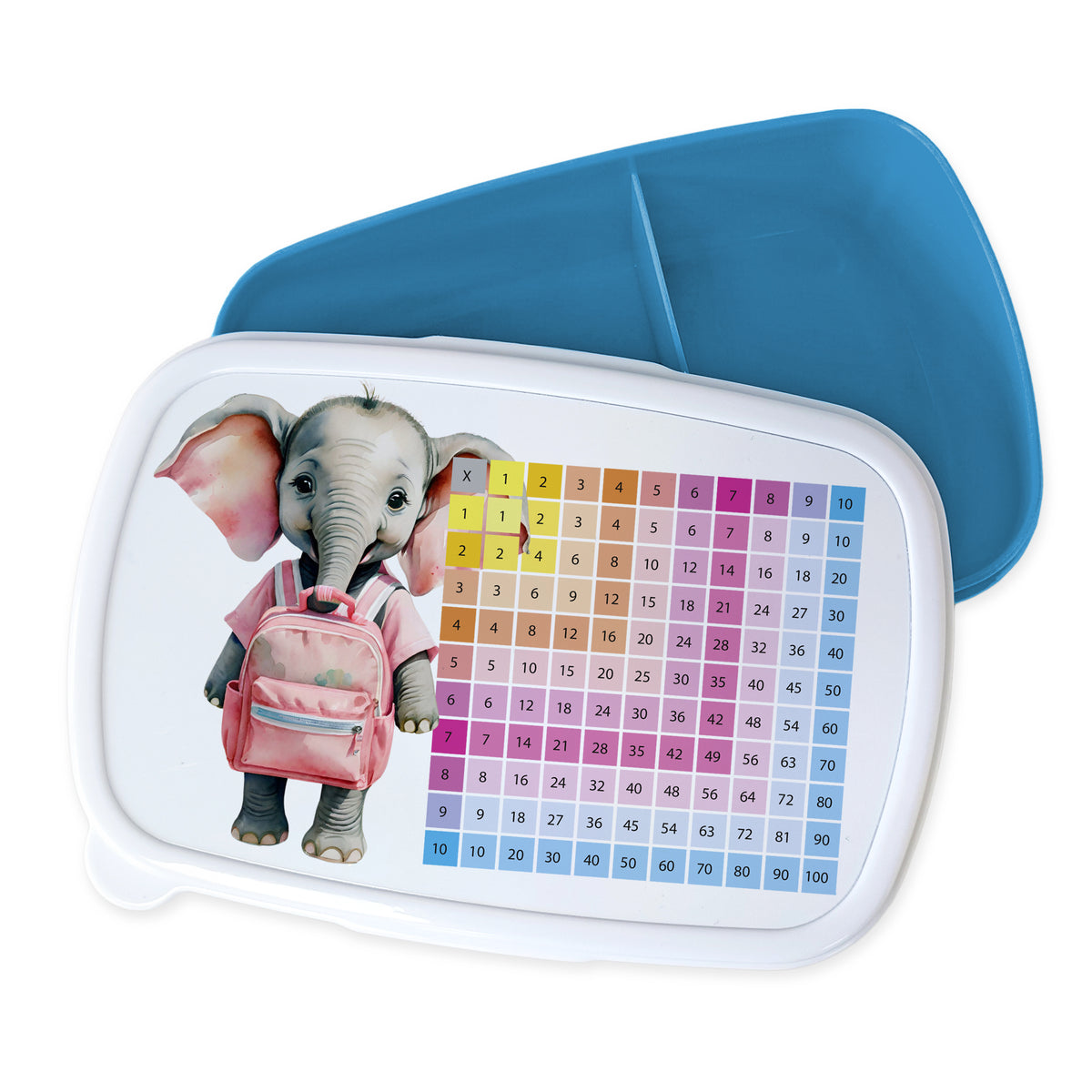 Elefant mit Rucksack auf Lunchbox, bunte Zahlenmatrix.