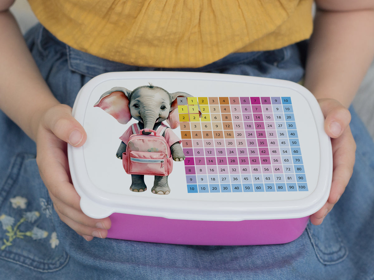 Bento-Box in Pink mit Elefant und Zahlenmatrix.