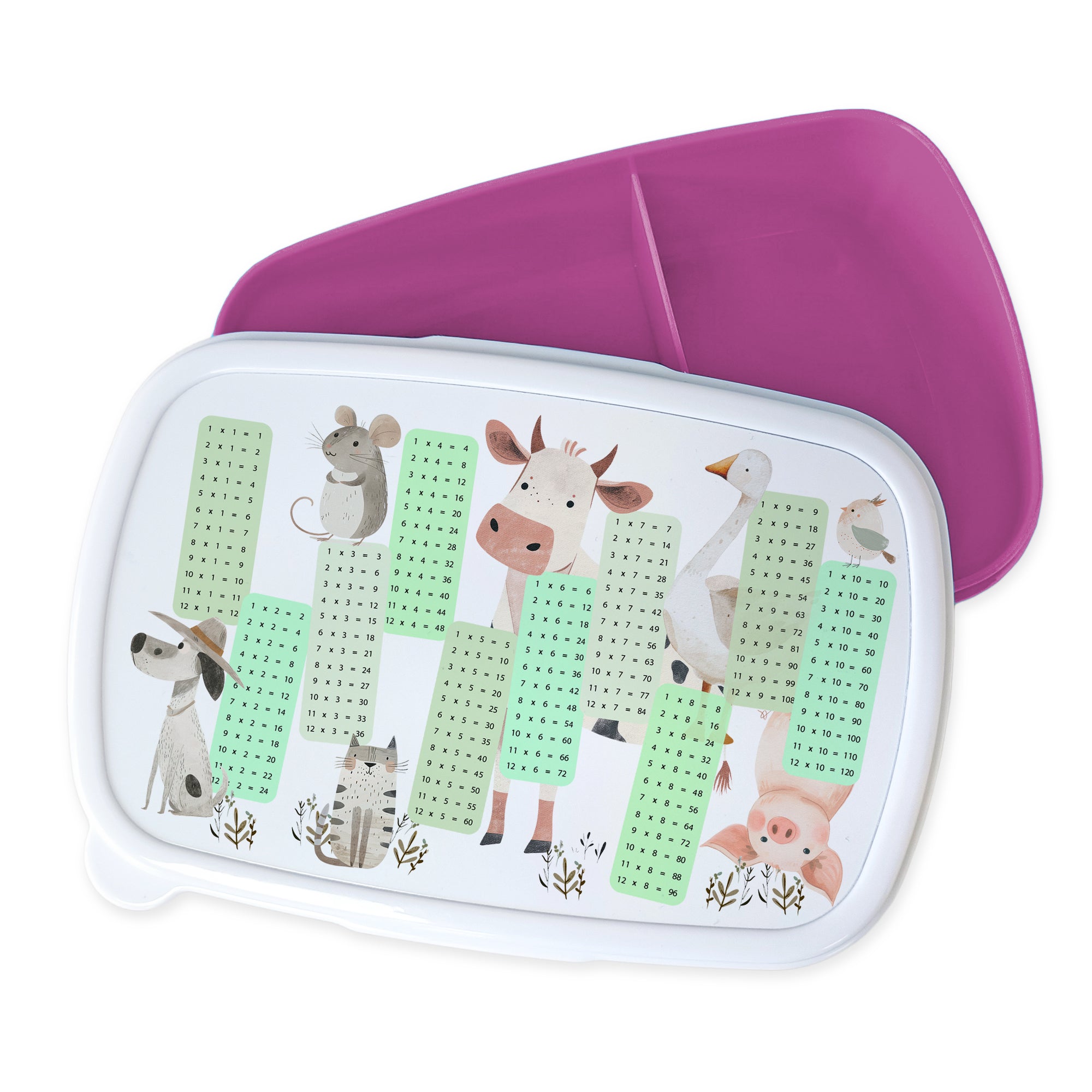 Bento-Box mit Tieren, grünem Design und lila Deckel.