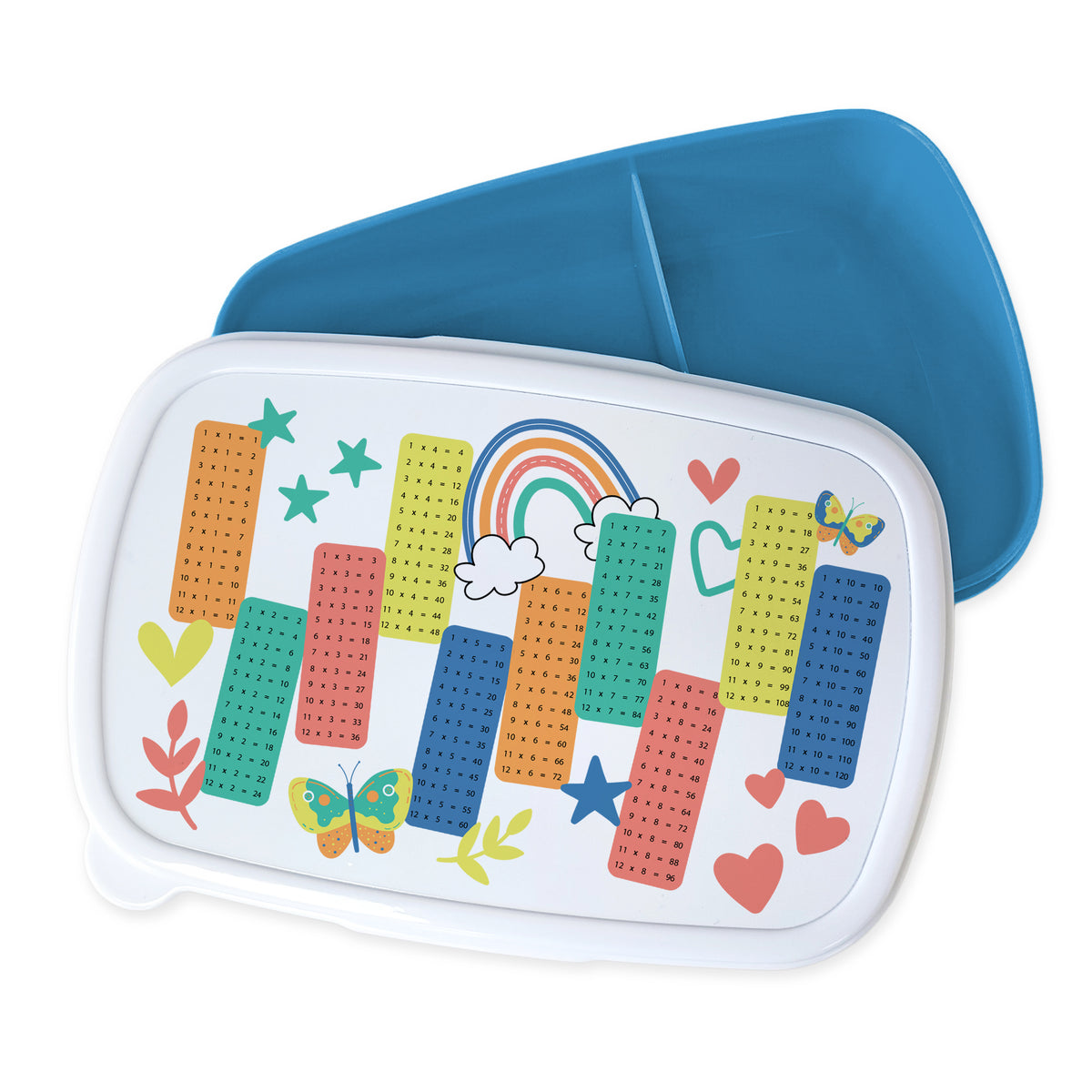 Bunte Aufbewahrungsbox mit Regenbogen und Schmetterlingen.