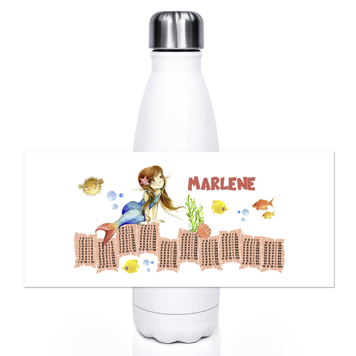 Weiße Trinkflasche mit Meerjungfrau und bunten Fischen.