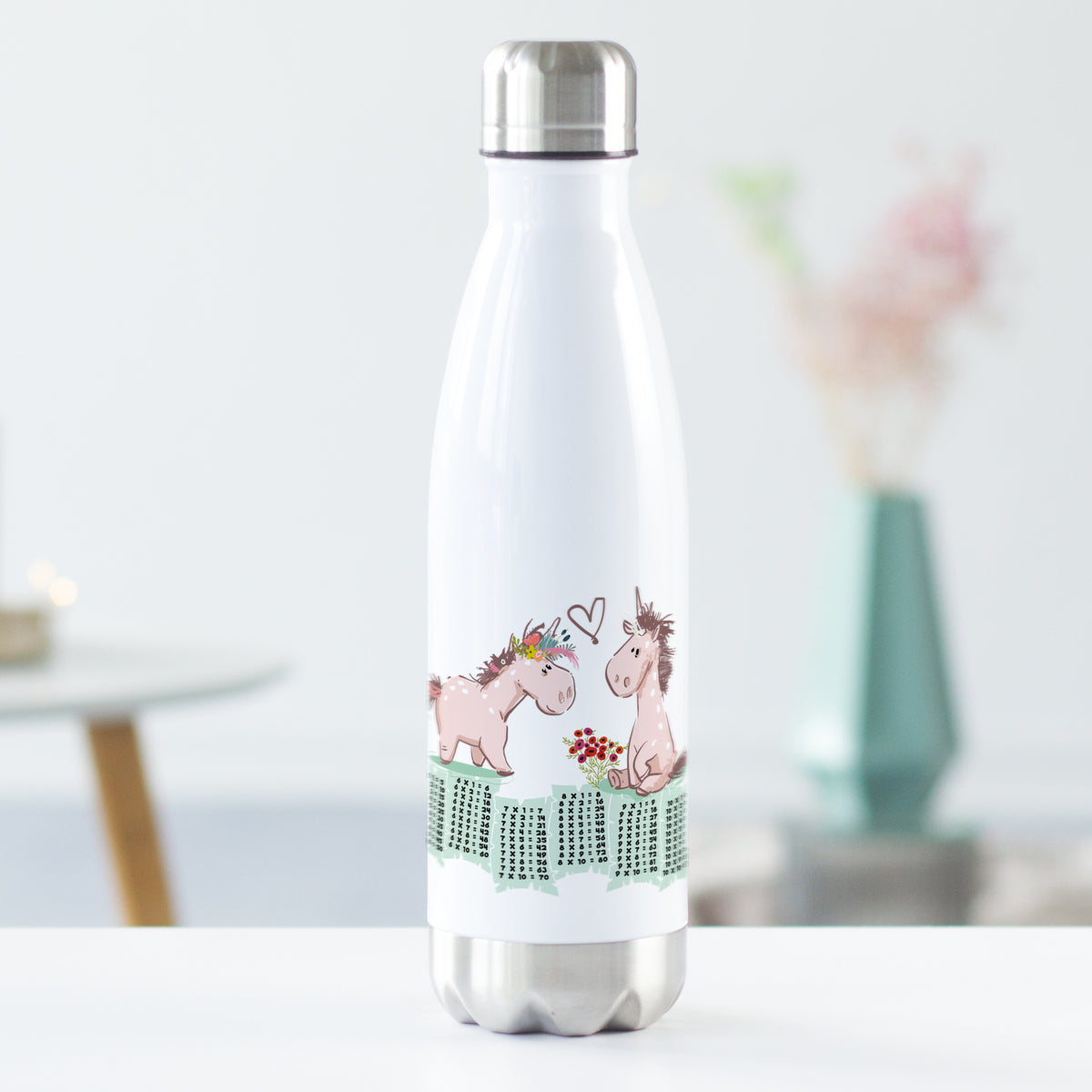 Weiße Edelstahl-Trinkflasche mit niedlichen Einhörnern und Blumen.