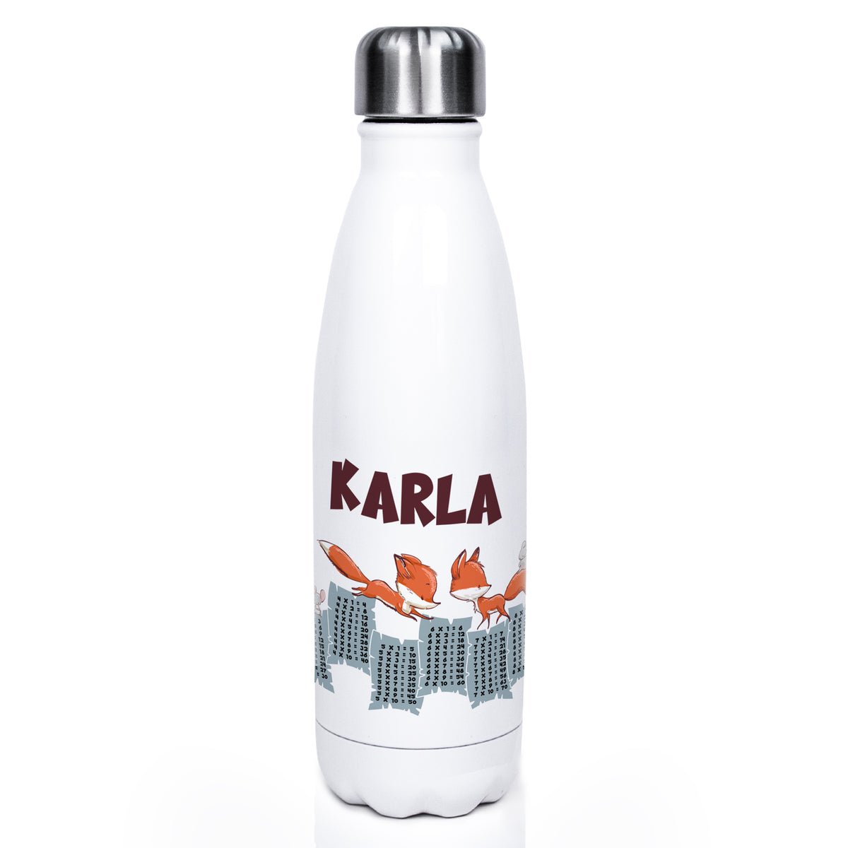 Weiße Edelstahl-Trinkflasche mit Fuchs-Design und Name "Karla".