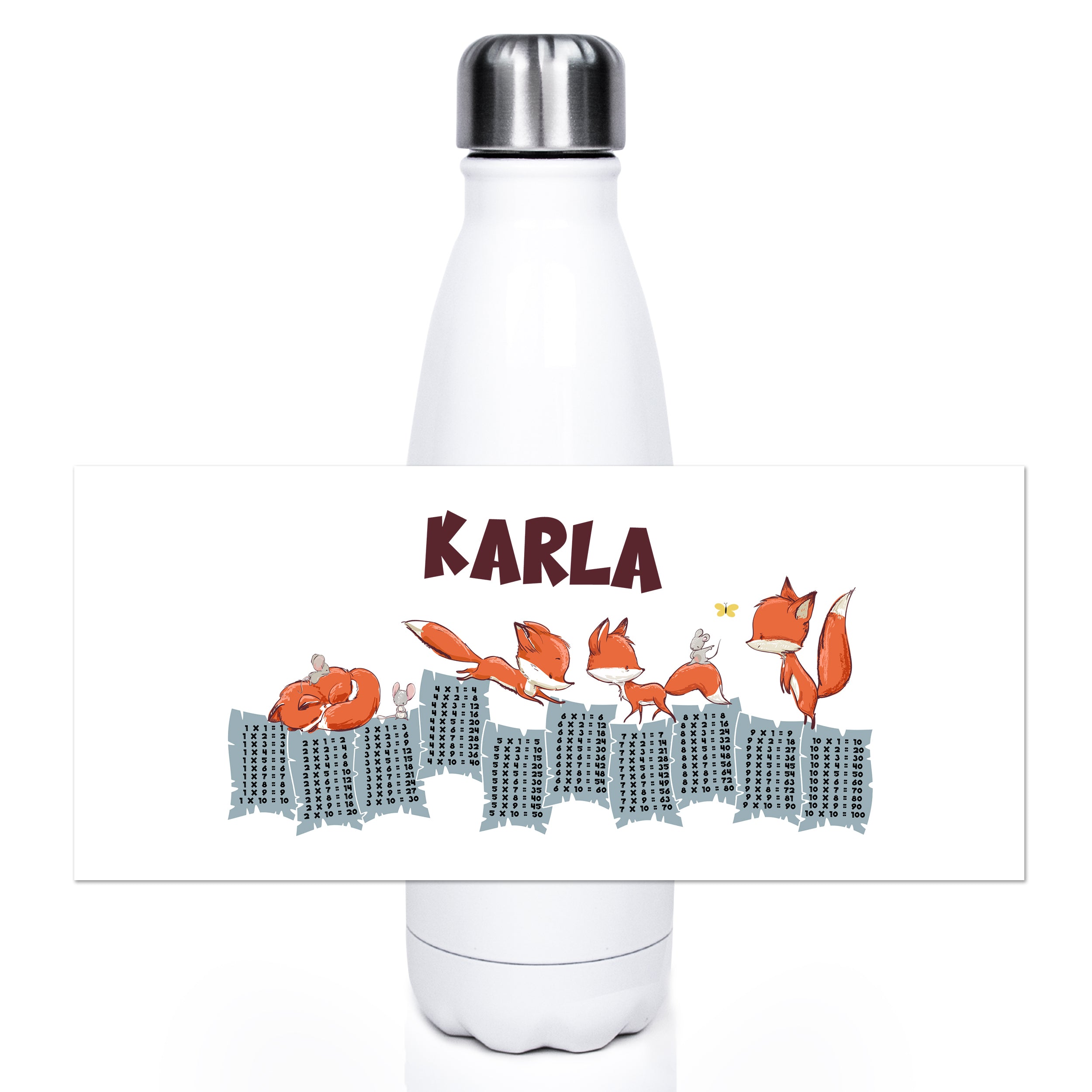 Weiße Trinkflasche mit orangefarbenen Füchsen und dem Namen "Karla".