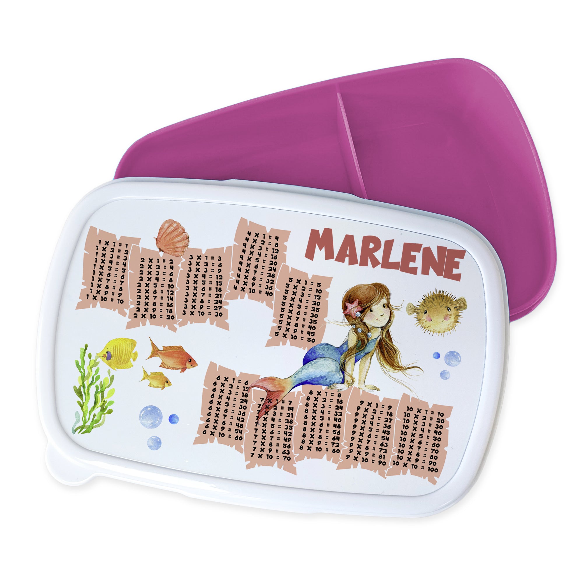 Lunchbox mit Meerjungfrau-Design und lila Deckel.