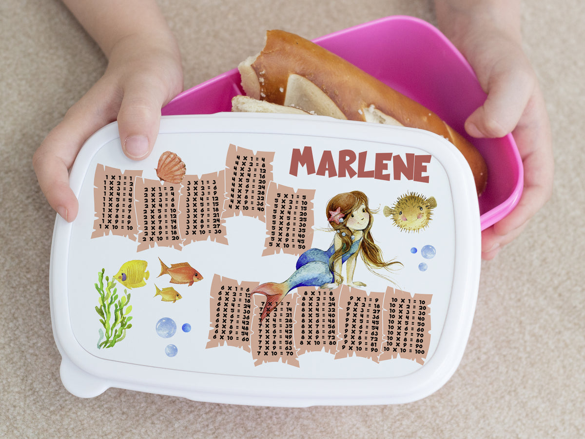 Bunte Brotdose mit Meerjungfrau und Namen Marlene.
