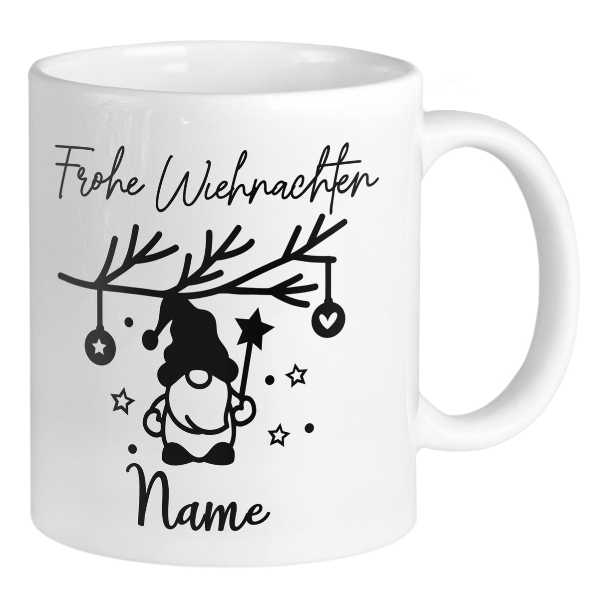 Weiße Tasse mit Weihnachtsmotiv und personalisierbarem Namen.