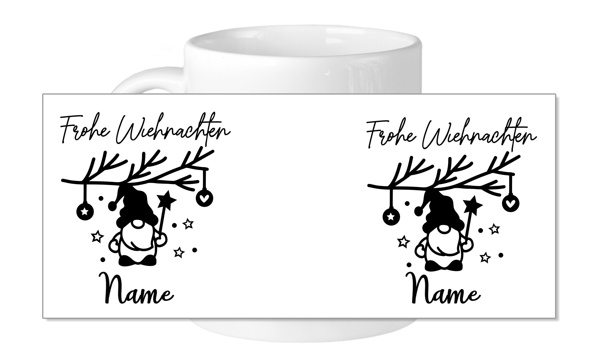 Weißer Becher mit Weihnachtsmotiv und personalisierbarem Namen.