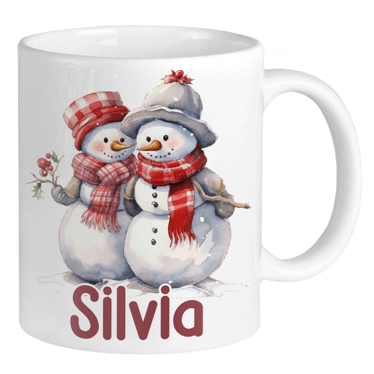 Tasse mit zwei Schneemännern und rotem Schriftzug "Silvia".