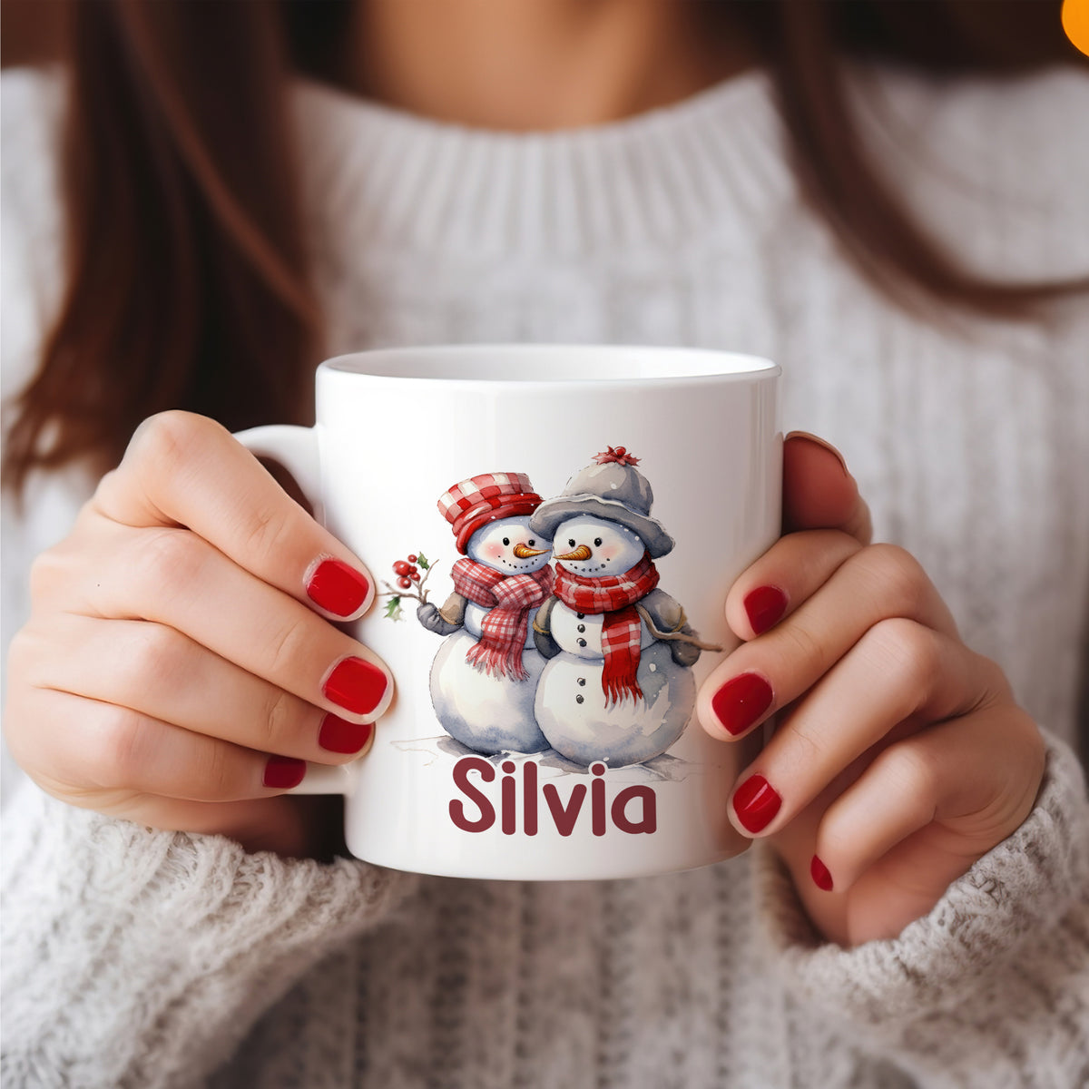 Tasse mit Schneemännern und dem Namen Silvia.